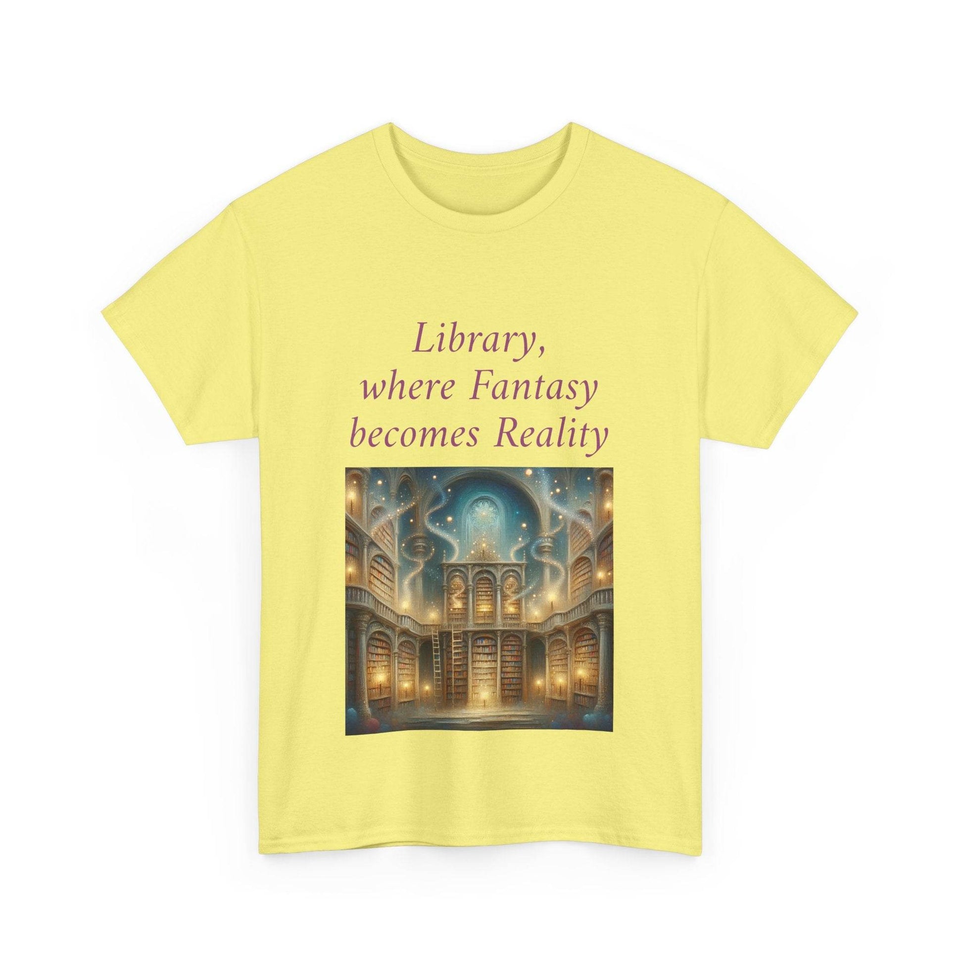 Library, Fantasy, Reality - Unisex Heavy Cotton Tee - Book Lovers - The Dreamer's Bookshop.