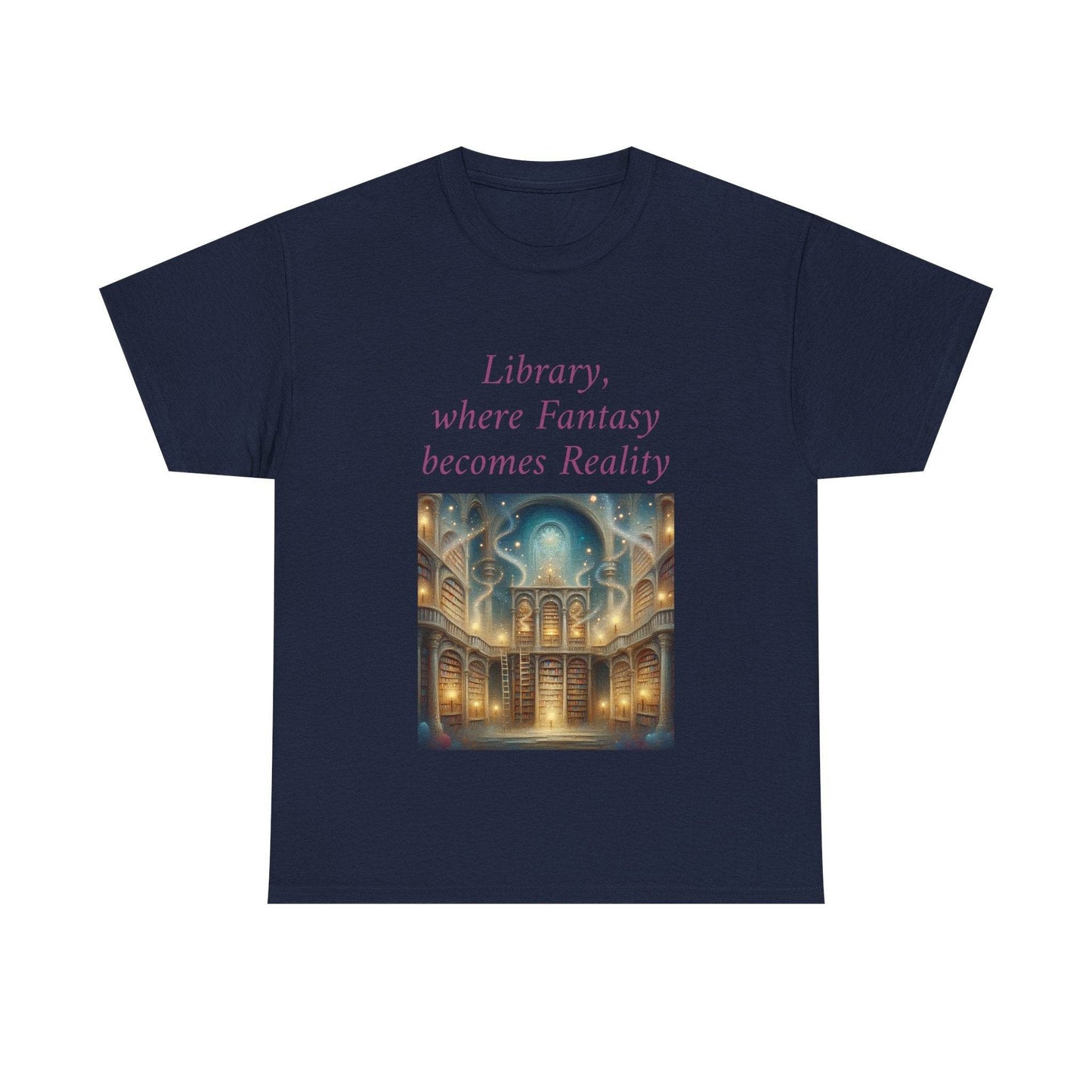 Library, Fantasy, Reality - Unisex Heavy Cotton Tee - Book Lovers - The Dreamer's Bookshop.