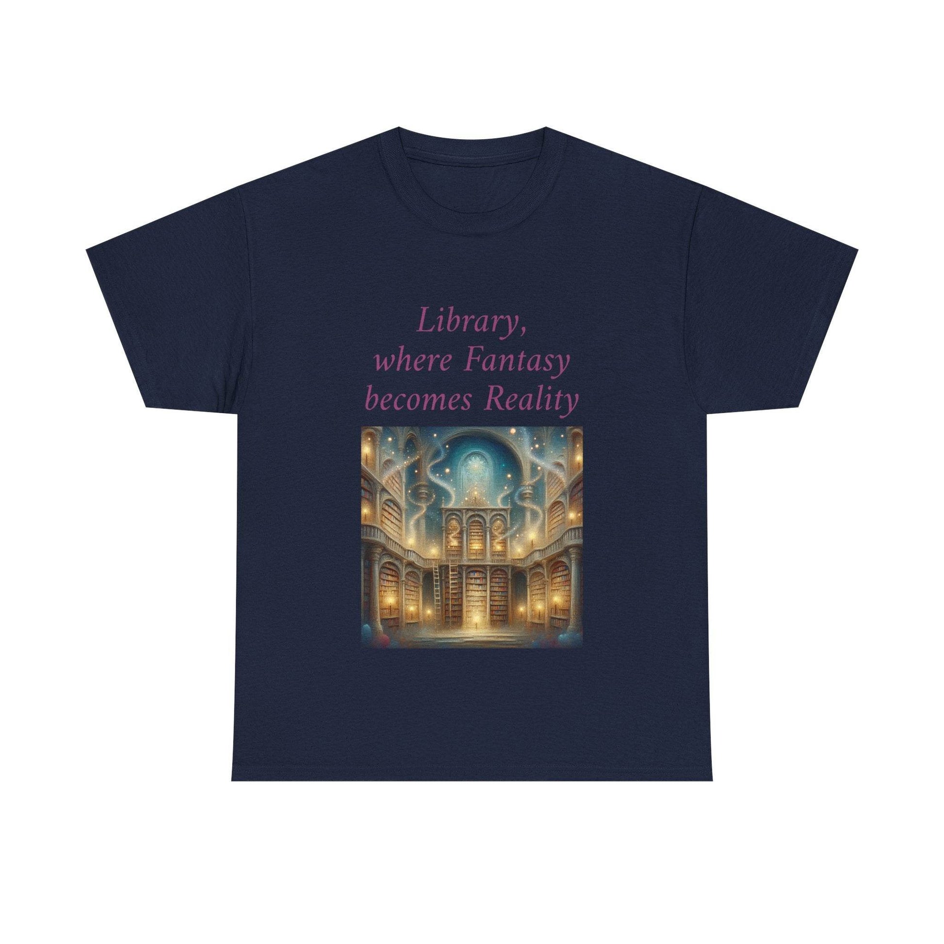Library, Fantasy, Reality - Unisex Heavy Cotton Tee - Book Lovers - The Dreamer's Bookshop.