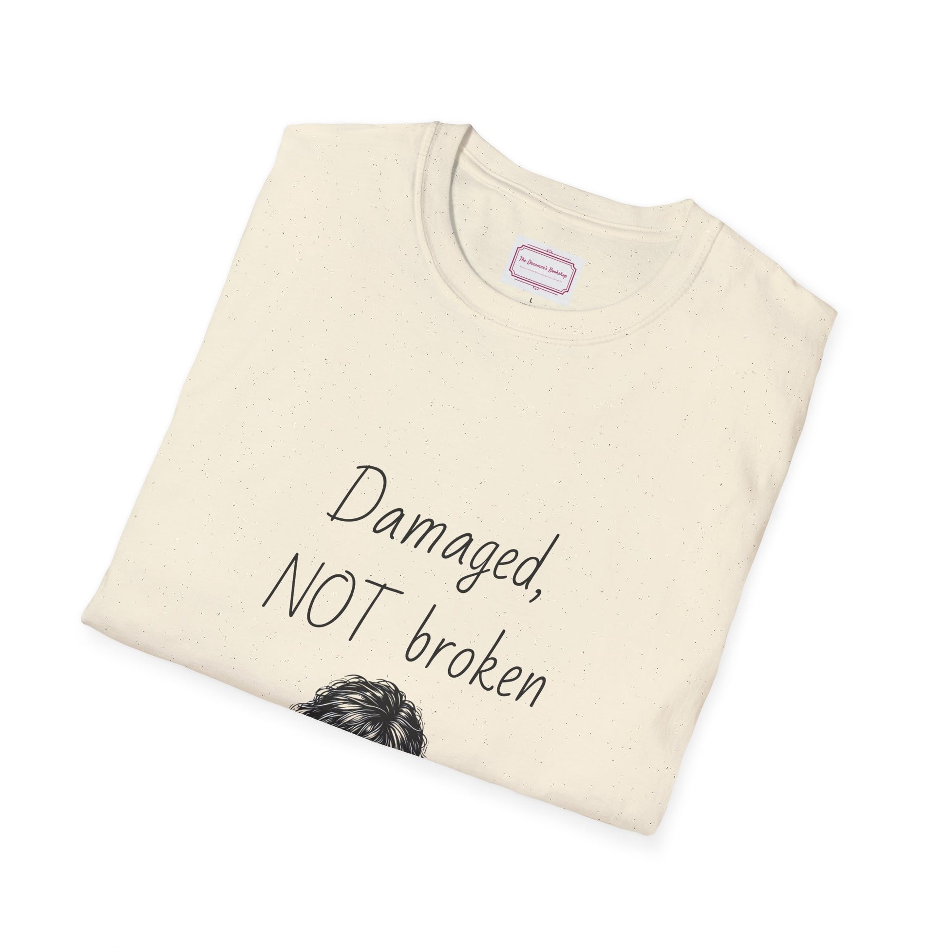 Inspirational Unisex Softstyle T-Shirt - "Damaged, NOT broken" - The Dreamer's Bookshop.