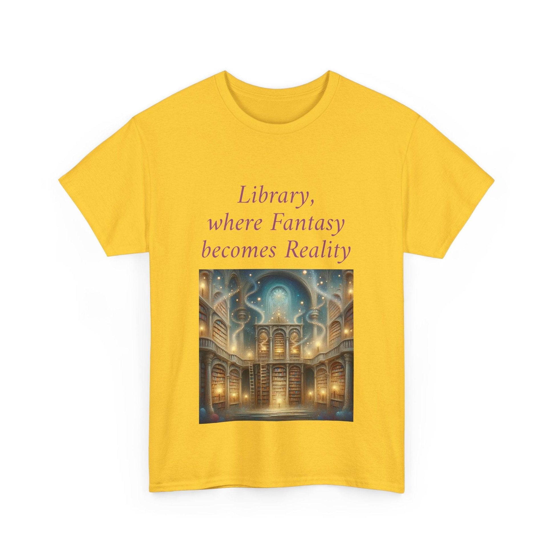 Library, Fantasy, Reality - Unisex Heavy Cotton Tee - Book Lovers - The Dreamer's Bookshop.