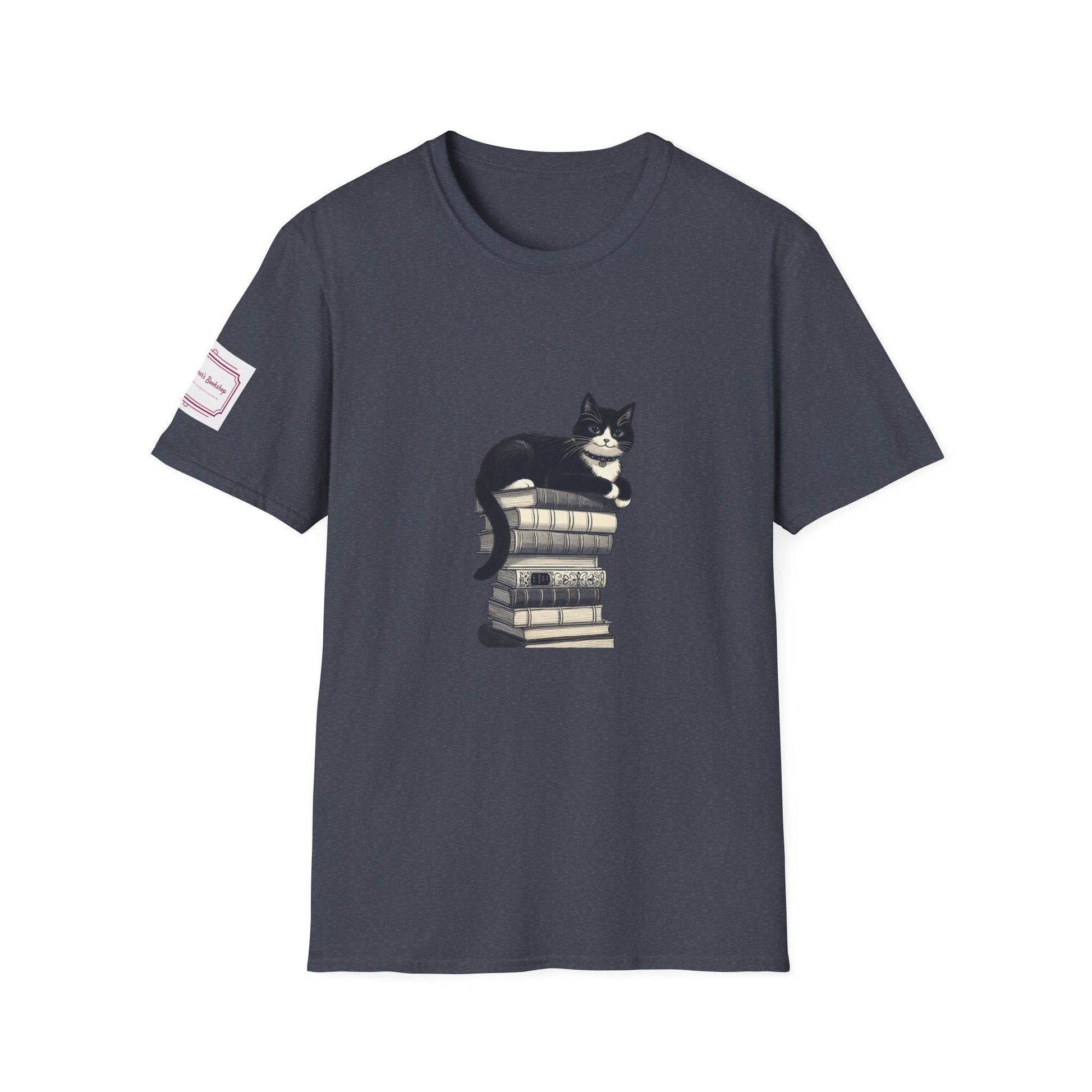 Unisex Softstyle T-Shirt - Vintage Cat Book Stack Bookaddict - The Dreamer's Bookshop.