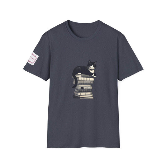 Unisex Softstyle T-Shirt - Vintage Cat Book Stack Bookaddict - The Dreamer's Bookshop.