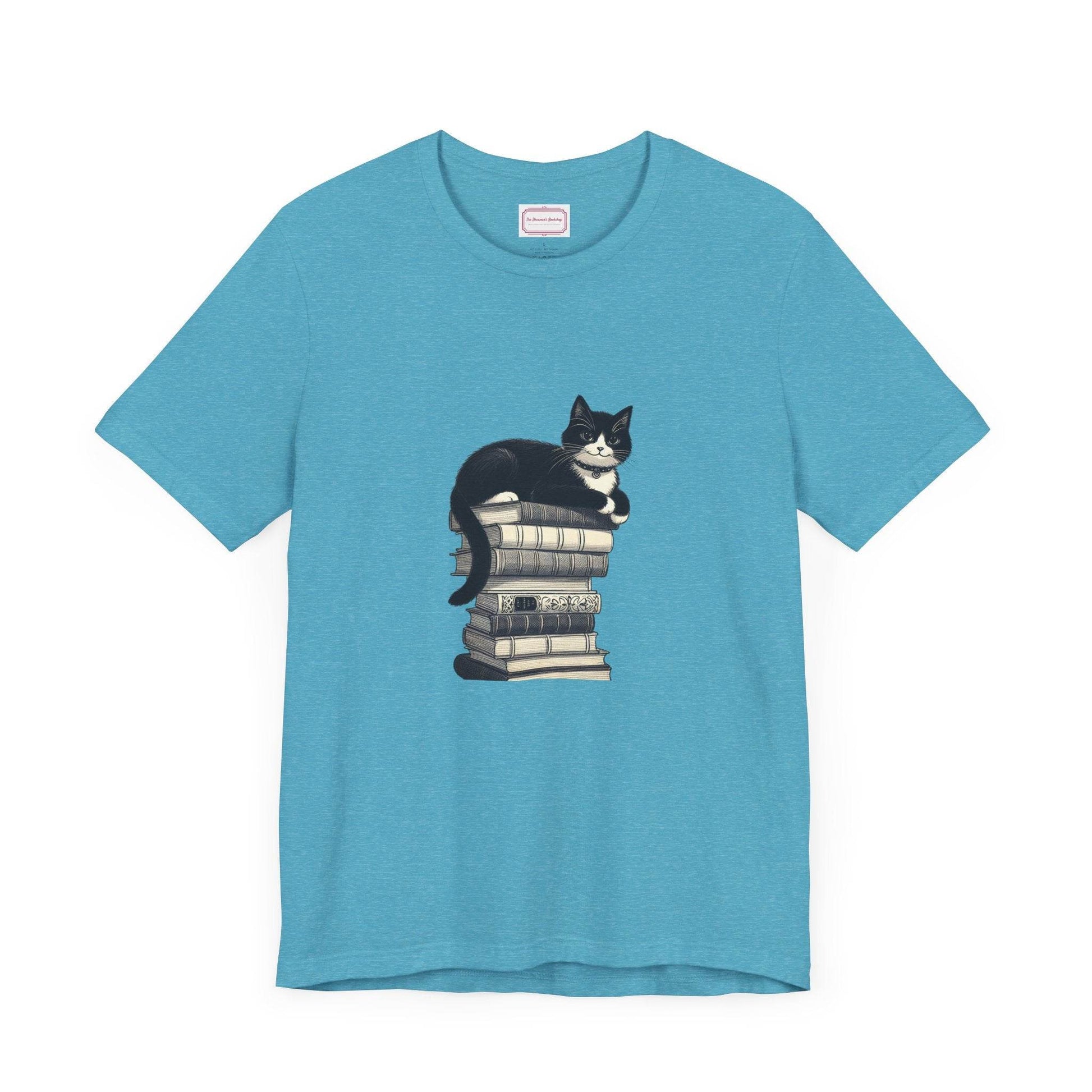 Unisex T-shirt - Vintage Cat Book Stack Booknerds - The Dreamer's Bookshop.
