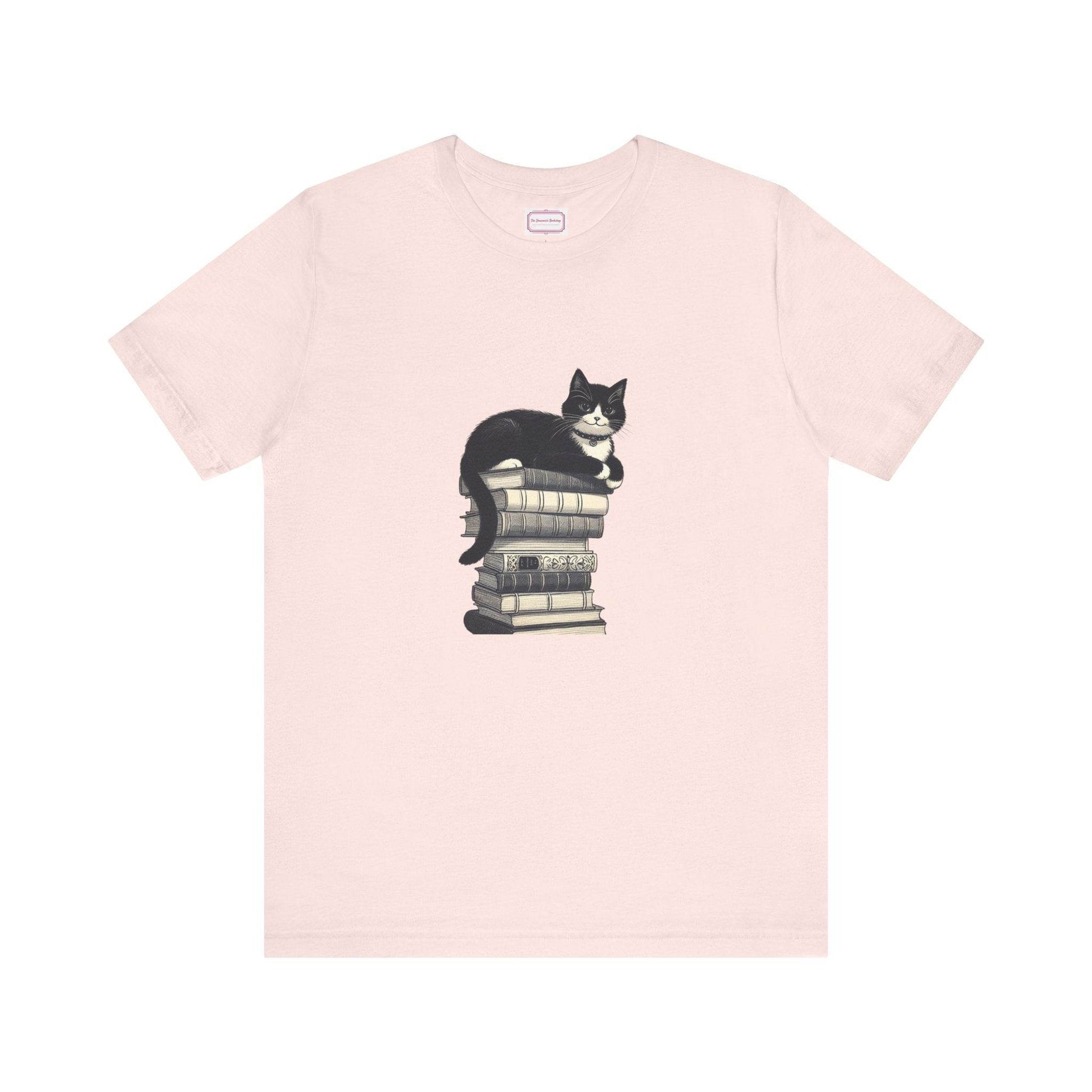 Unisex T-shirt - Vintage Cat Book Stack Booknerds - The Dreamer's Bookshop.