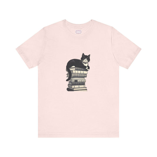 Unisex T-shirt - Vintage Cat Book Stack Booknerds - The Dreamer's Bookshop.