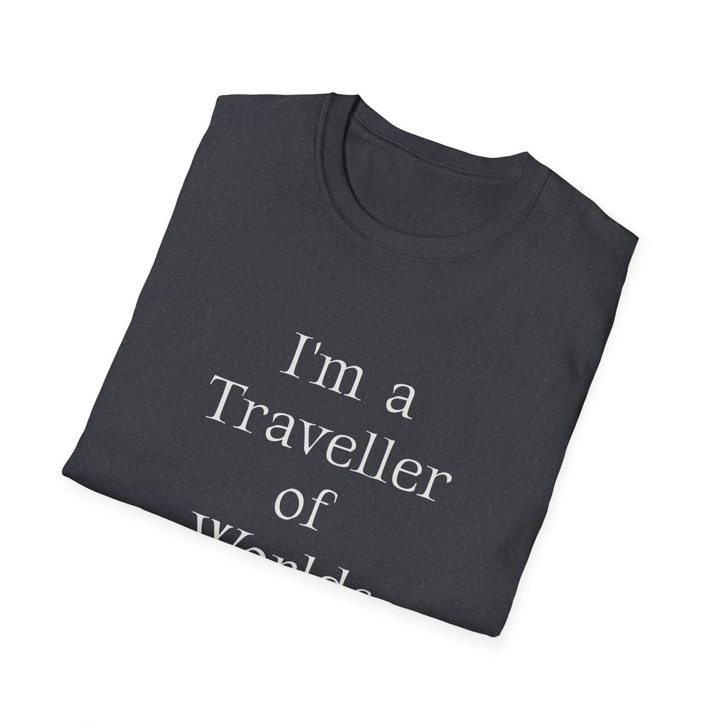 Unisex Softstyle T-Shirt - Traveller of Worlds Design for Book Lovers - The Dreamer's Bookshop.