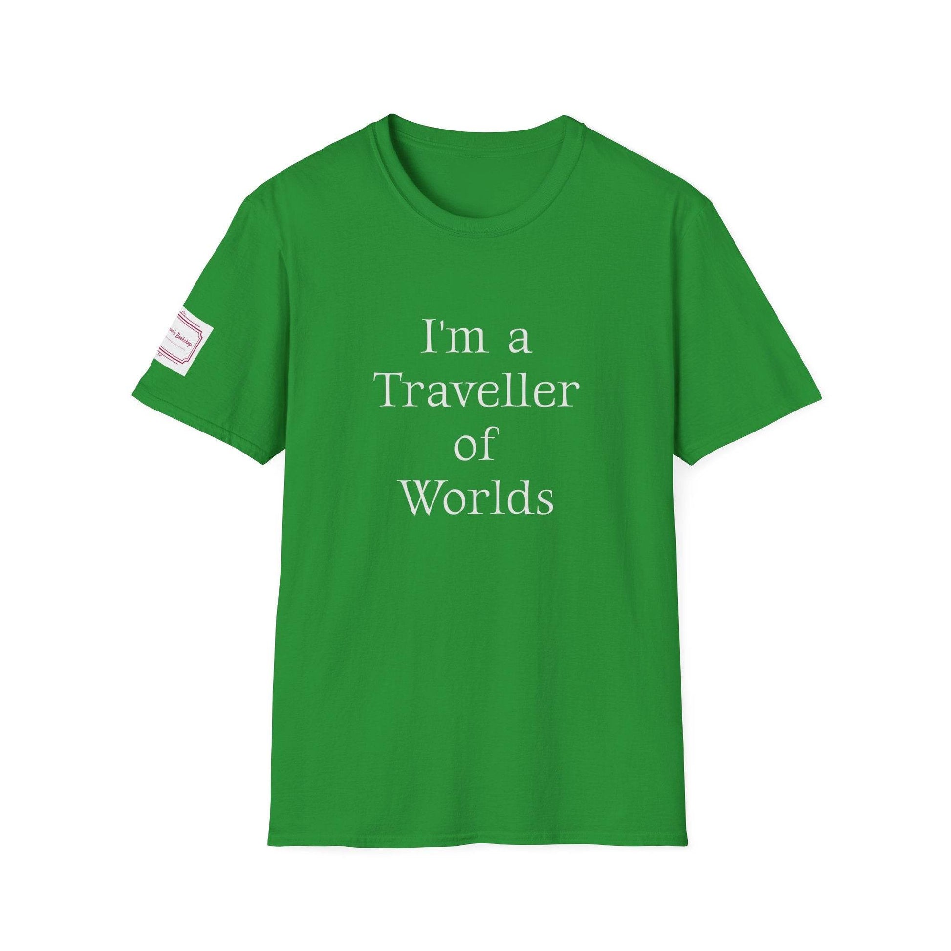 Unisex Softstyle T-Shirt - Traveller of Worlds Design for Book Lovers - The Dreamer's Bookshop.