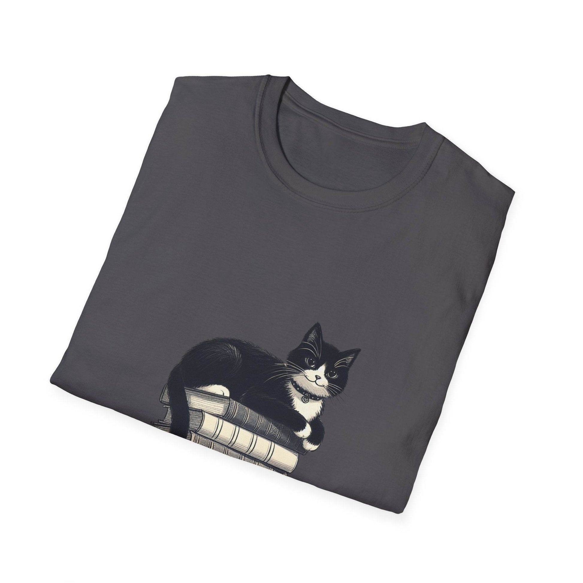 Unisex T-Shirt - Vintage Cat Book Stack for Book Lovers - The Dreamer's Bookshop.