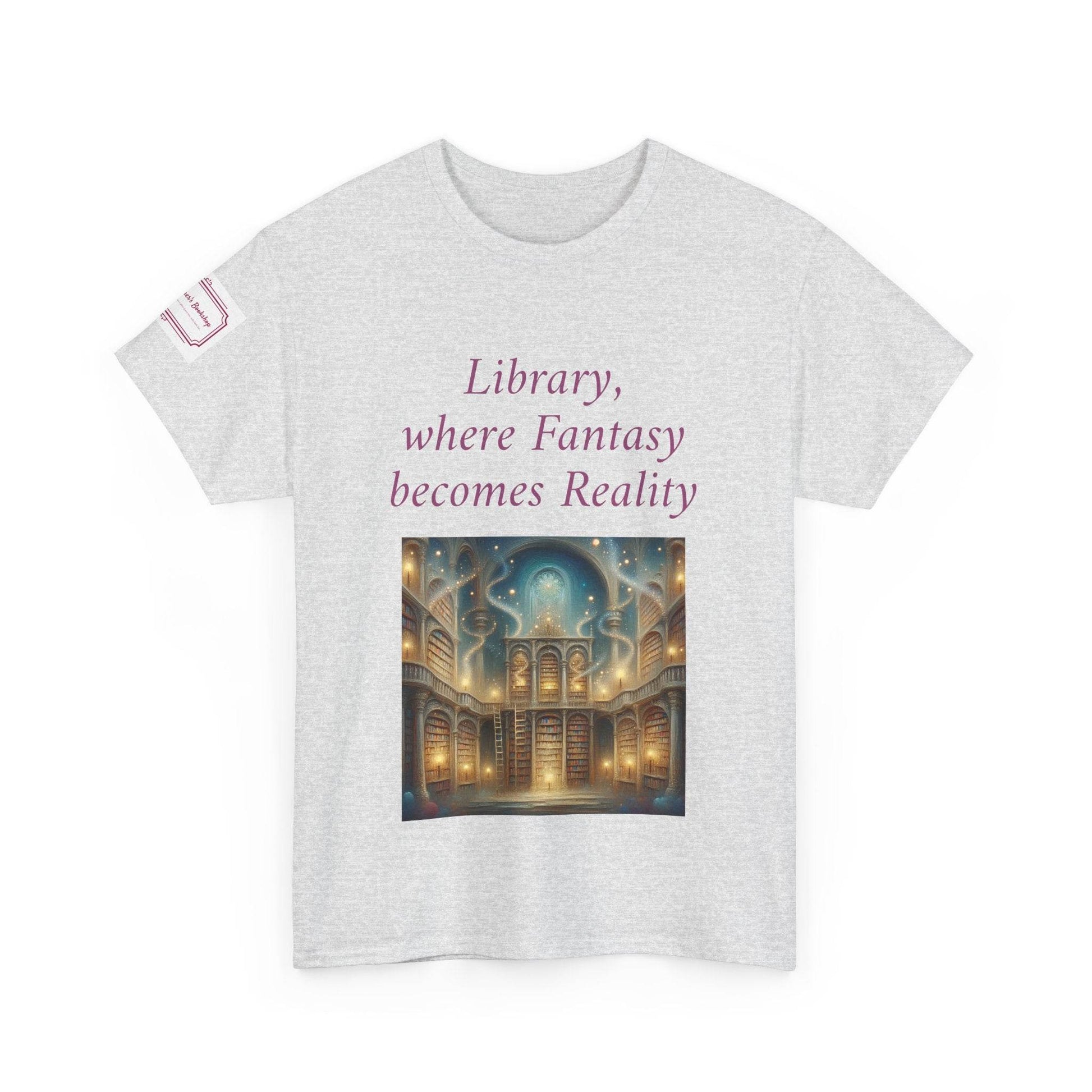 Library, Fantasy, Reality - Unisex Heavy Cotton Tee - Book Lovers - The Dreamer's Bookshop.
