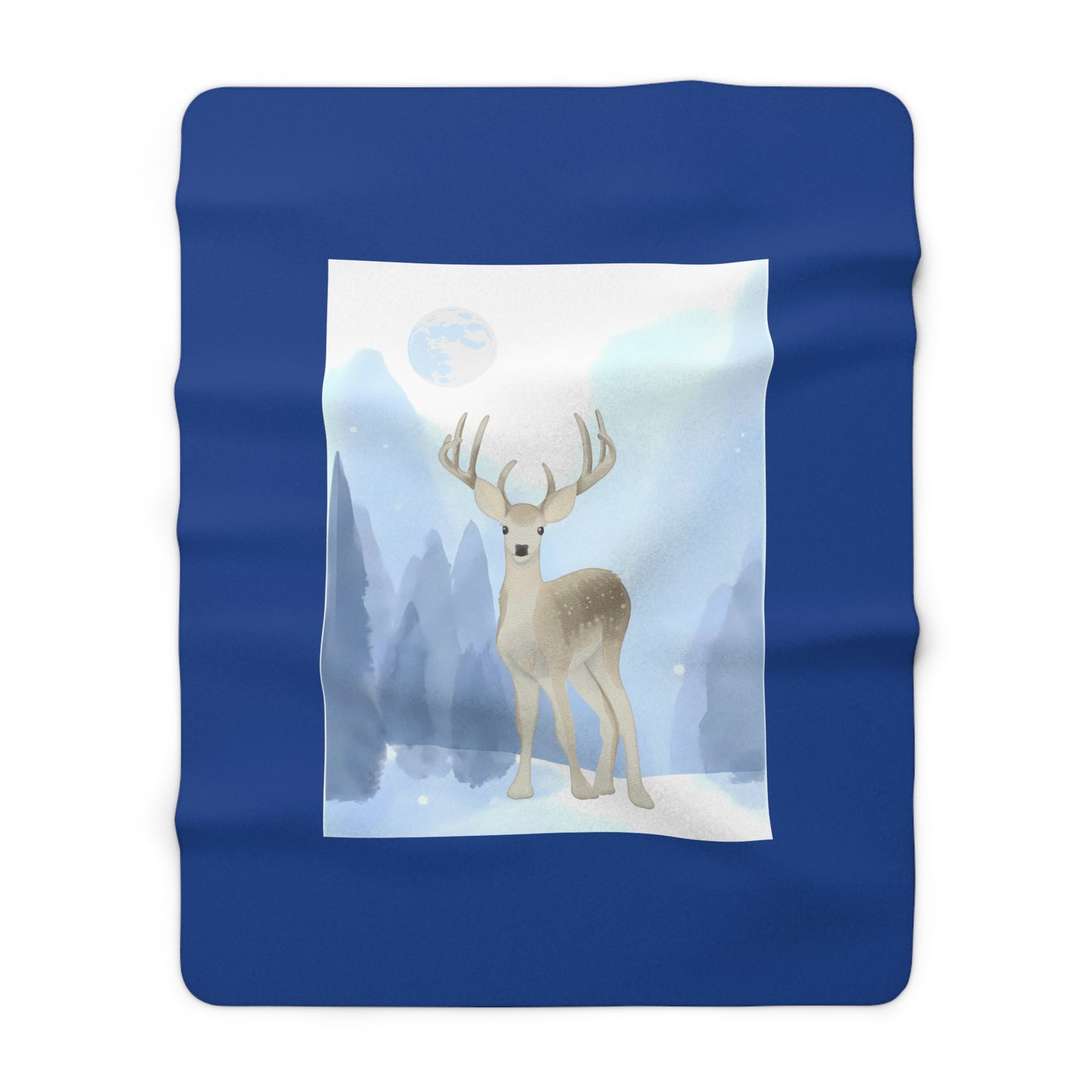 Cozy Sherpa Fleece Blanket - Blue 'Winter Deer' Design