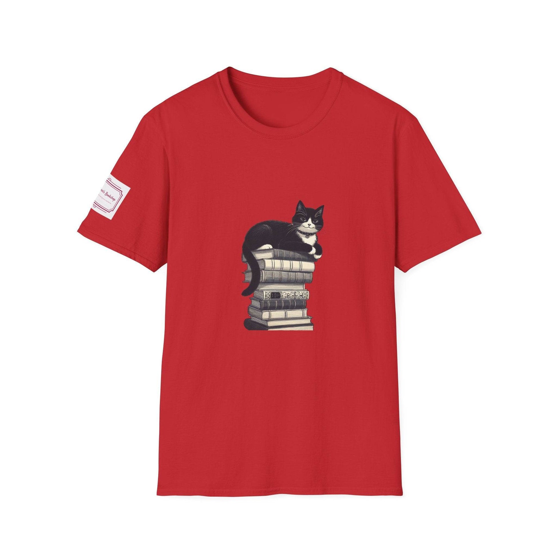 Unisex Softstyle T-Shirt - Vintage Cat Book Stack Bookaddict - The Dreamer's Bookshop.
