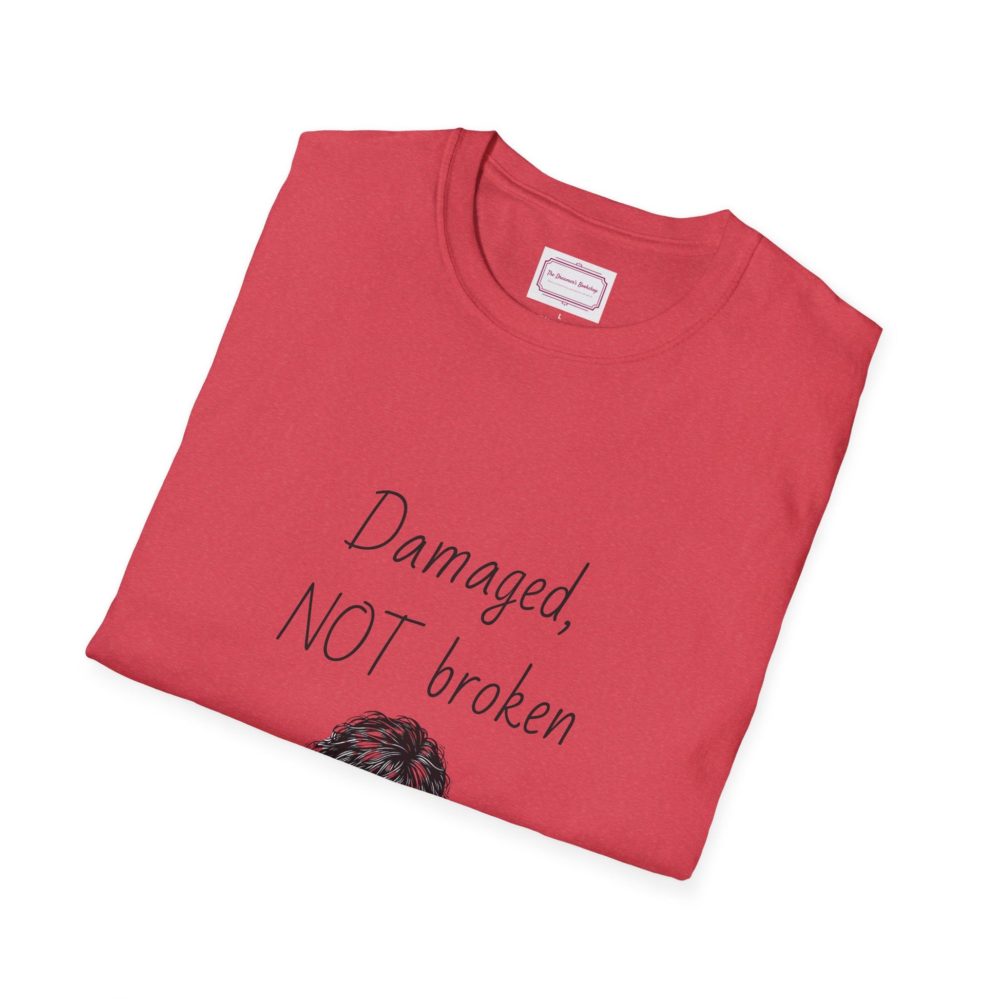 Inspirational Unisex Softstyle T-Shirt - "Damaged, NOT broken" - The Dreamer's Bookshop.