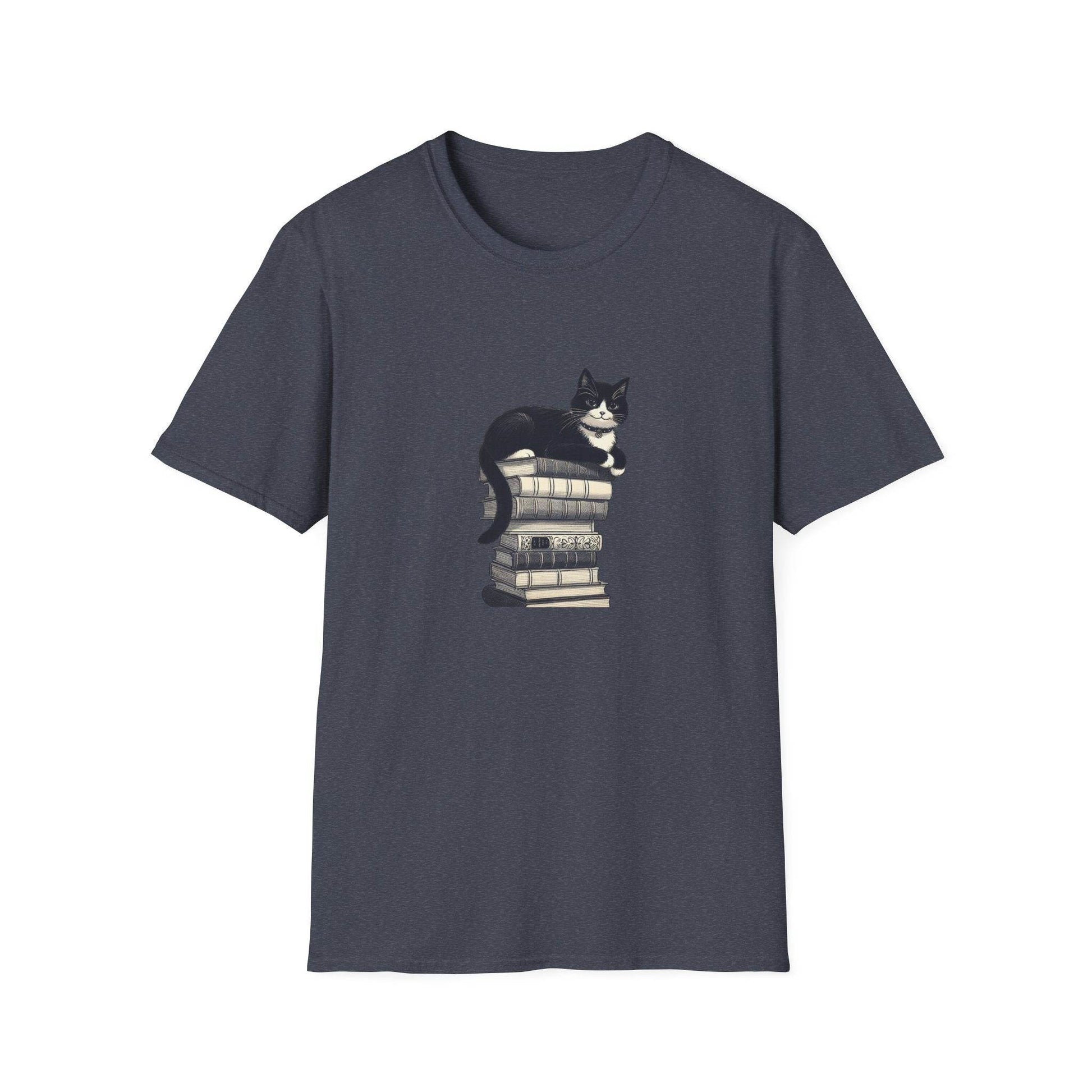 Unisex Softstyle T-Shirt - Vintage Cat Book Stack Booklover - The Dreamer's Bookshop.
