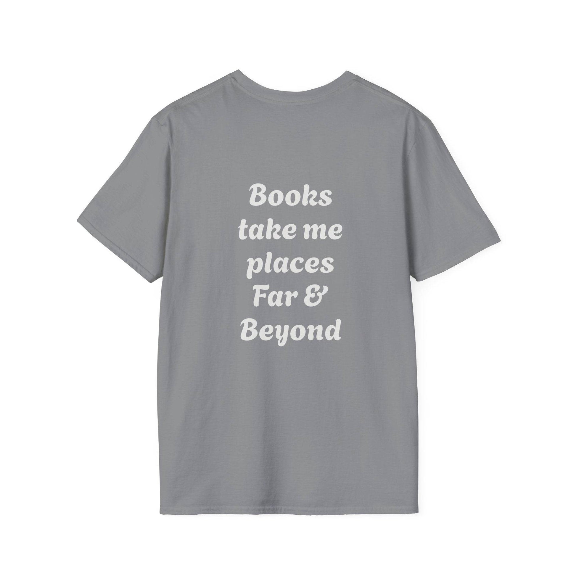 Unisex Softstyle T-Shirt - 'I'm a Traveller of Worlds' & 'Books Take Me Places Far & Beyond' - The Dreamer's Bookshop.