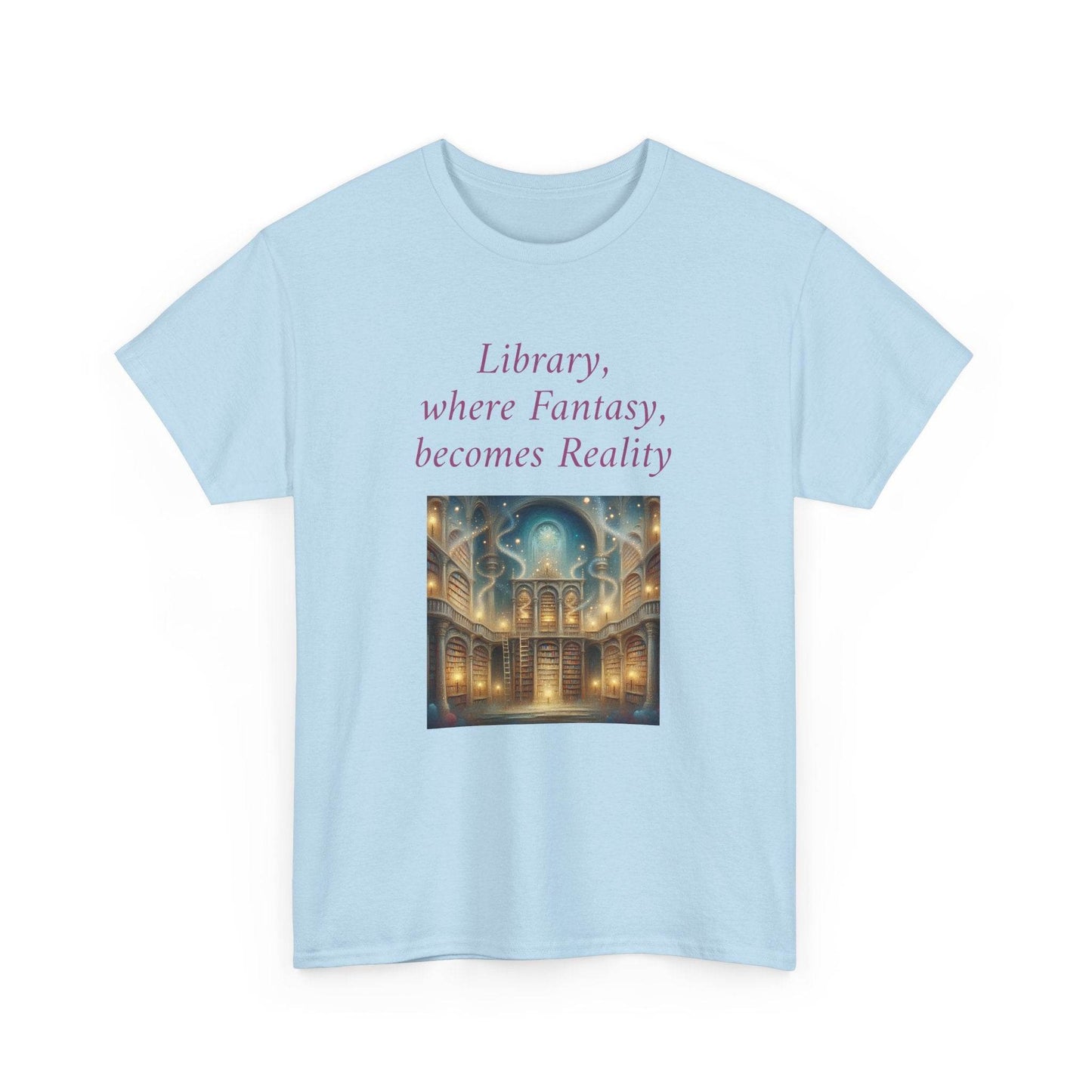 Library, Fantasy, Reality - Graphic Tee - Unisex Heavy Cotton T-Shirt - Book Lovers - The Dreamer's Bookshop.