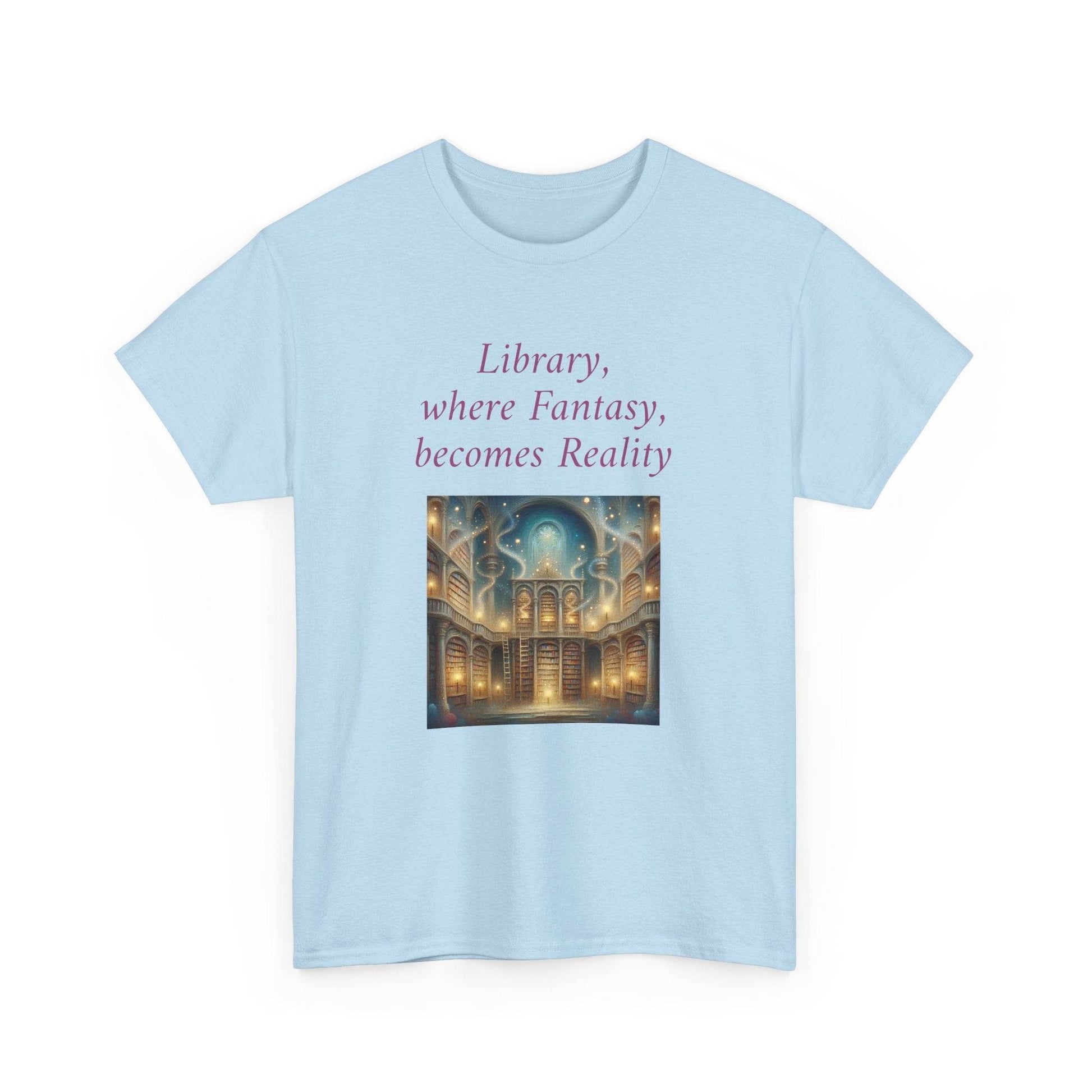 Library, Fantasy, Reality - Graphic Tee - Unisex Heavy Cotton T-Shirt - Book Lovers - The Dreamer's Bookshop.