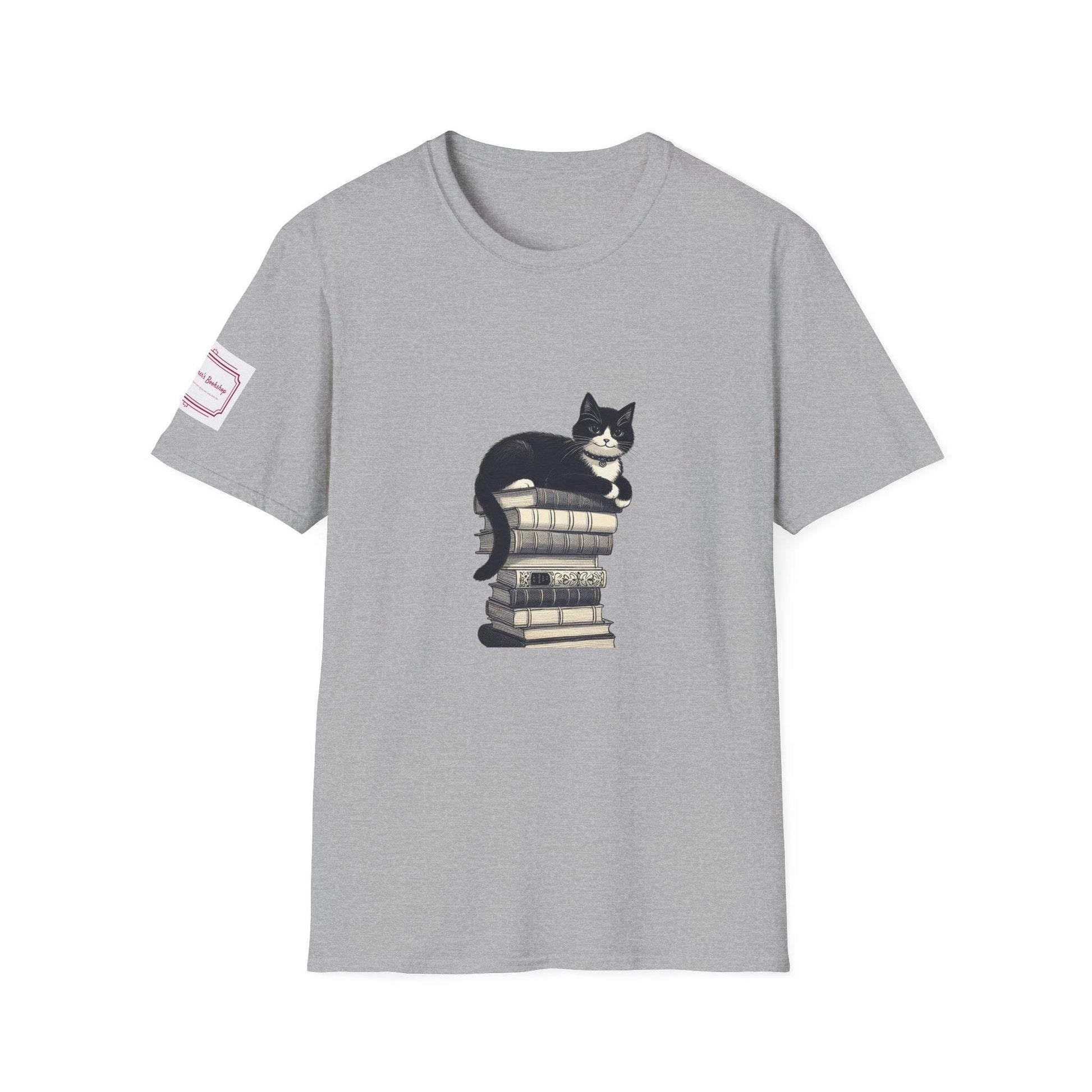 Unisex Softstyle T-Shirt - Vintage Cat Book Stack Bookaddict - The Dreamer's Bookshop.