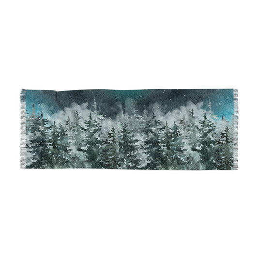 Winter Forest Light Scarf – Snowy Pine Tree Landscape Wrap
