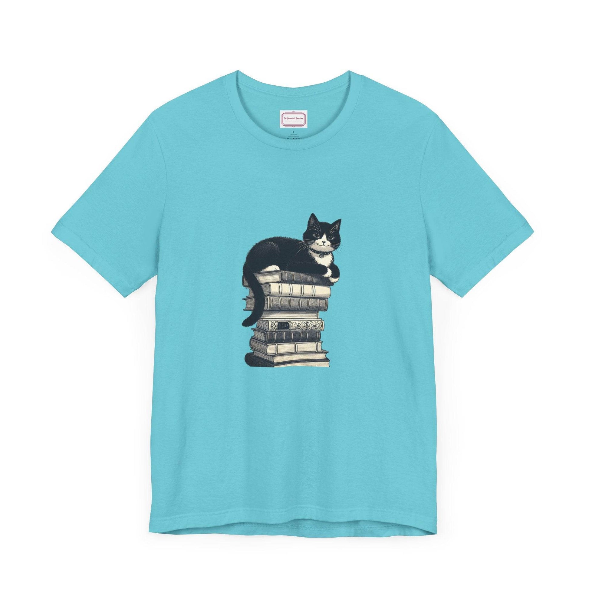 Unisex T-shirt - Vintage Cat Book Stack Booknerds - The Dreamer's Bookshop.