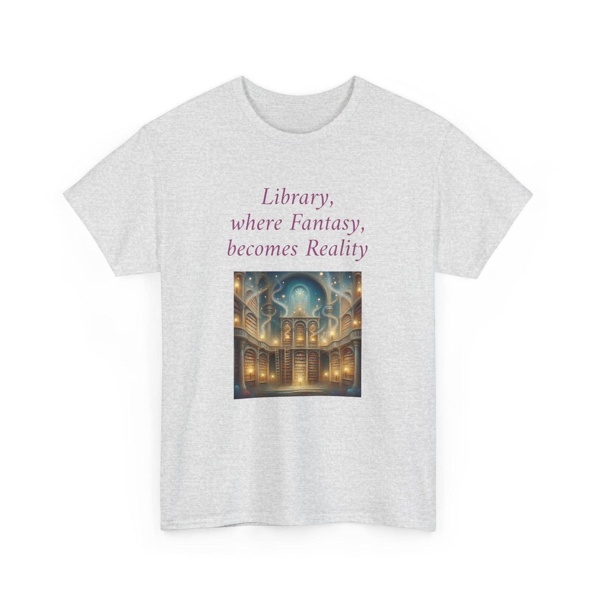 Library, Fantasy, Reality - Graphic Tee - Unisex Heavy Cotton T-Shirt - Book Lovers - The Dreamer's Bookshop.