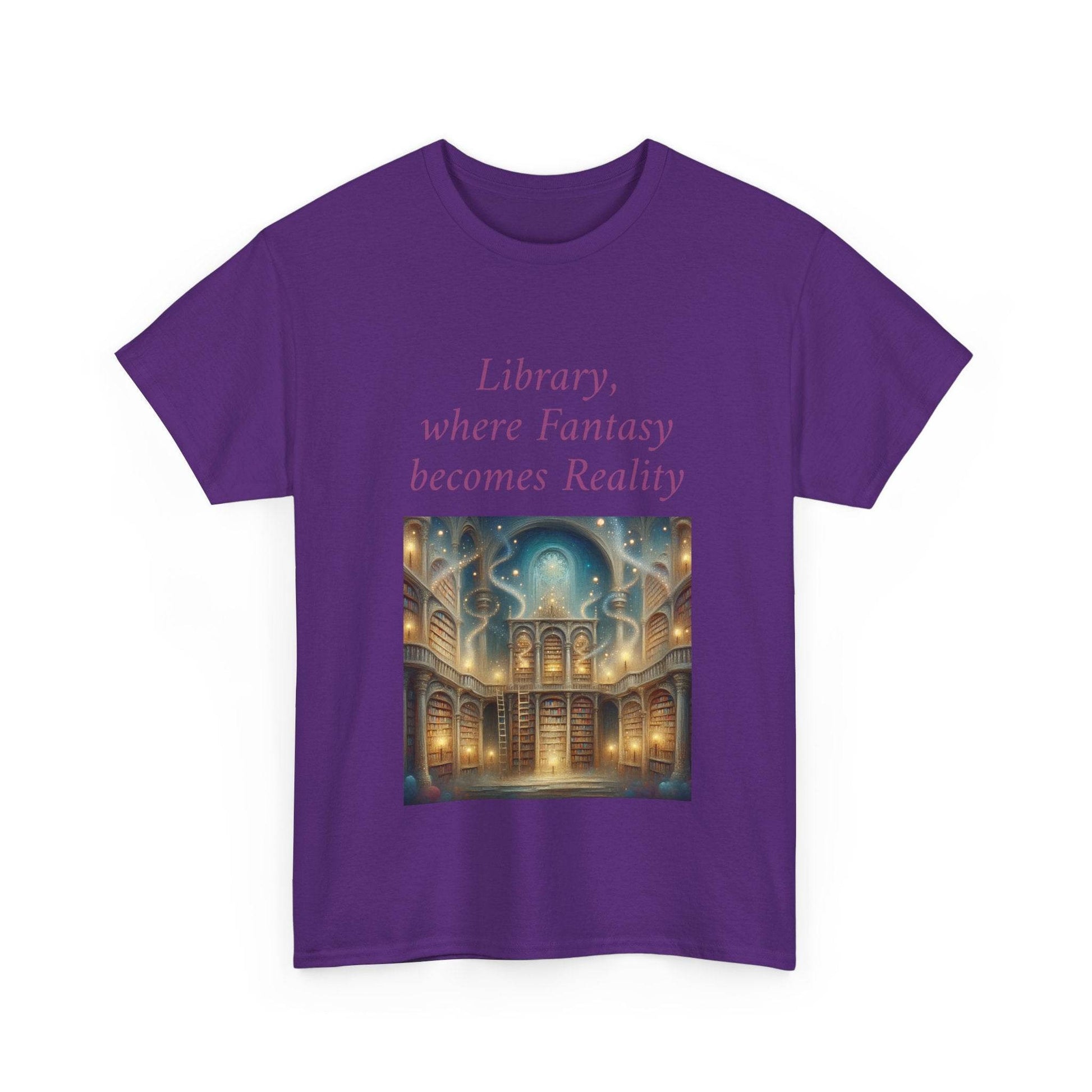 Library, Fantasy, Reality - Unisex Heavy Cotton Tee - Book Lovers - The Dreamer's Bookshop.