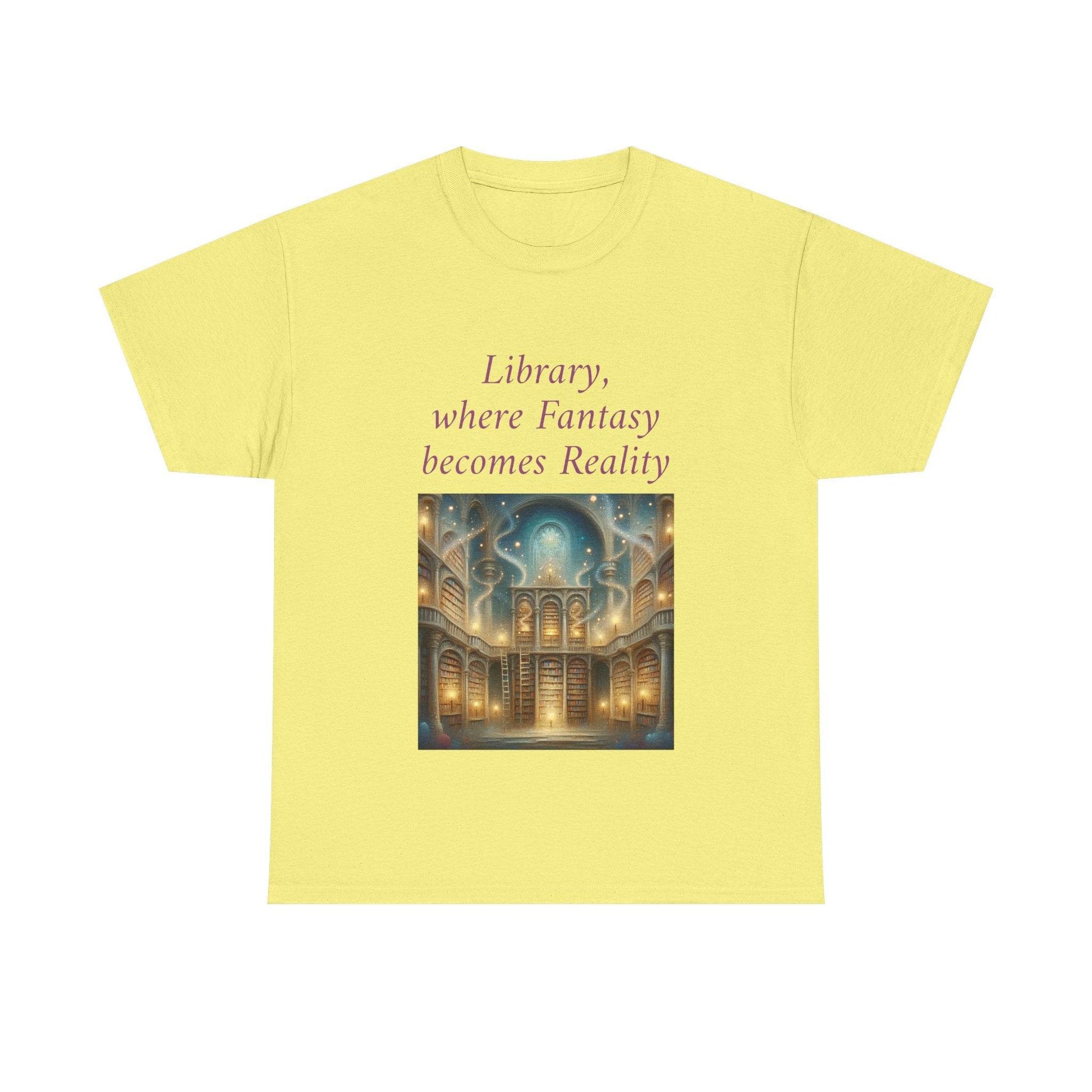 Library, Fantasy, Reality - Unisex Heavy Cotton Tee - Book Lovers - The Dreamer's Bookshop.