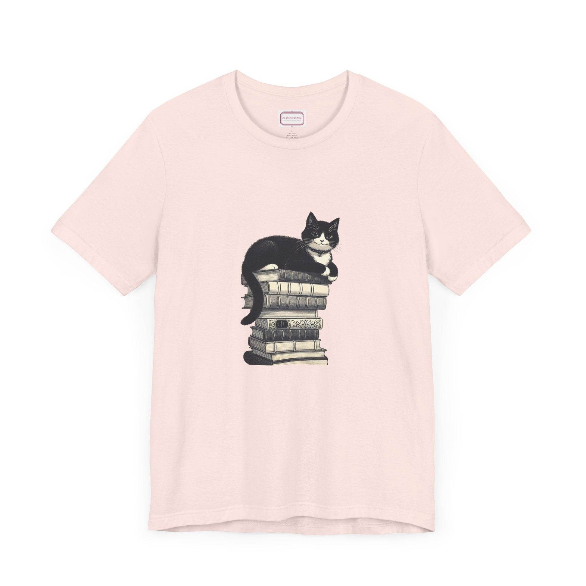 Unisex T-shirt - Vintage Cat Book Stack Booknerds - The Dreamer's Bookshop.