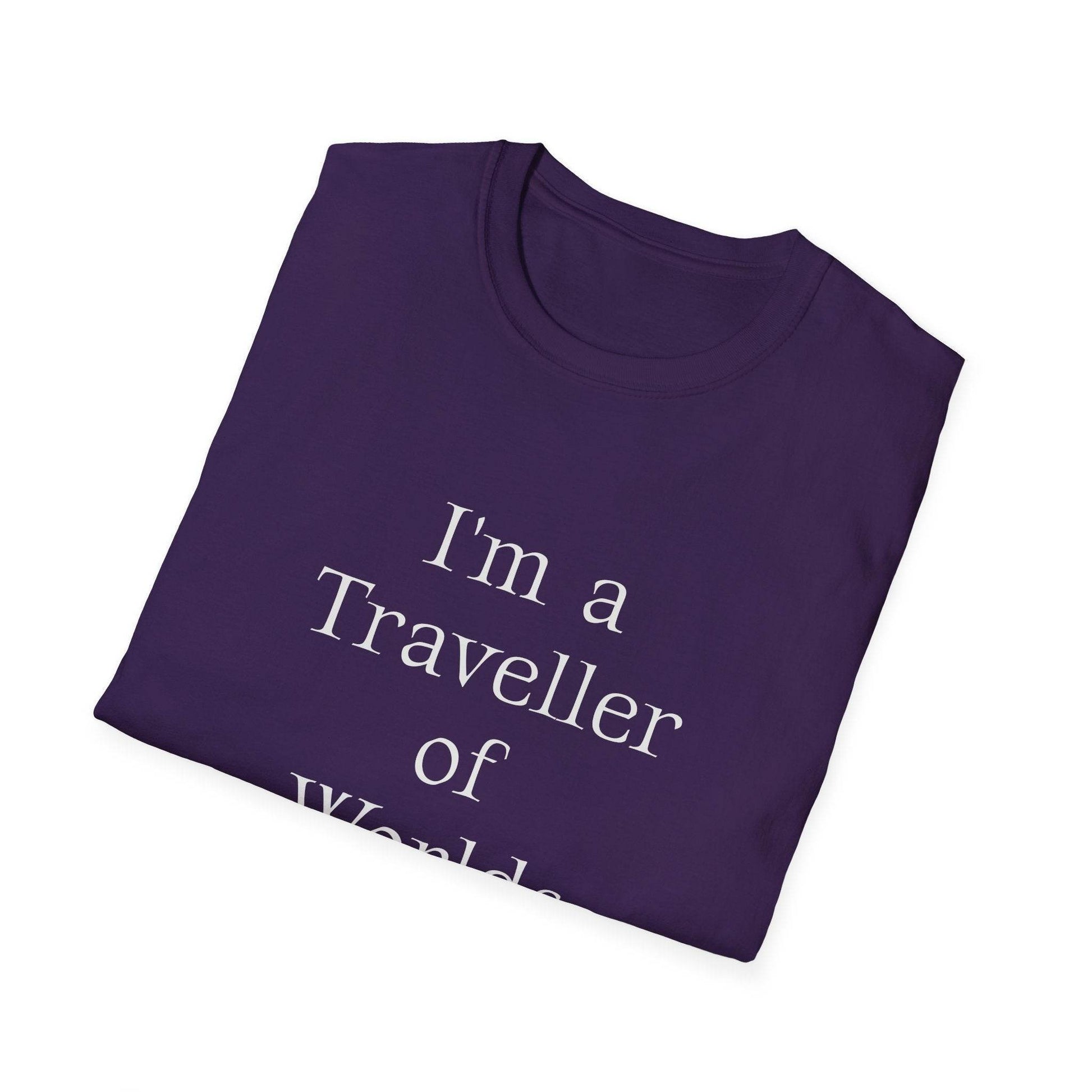 Unisex Softstyle T-Shirt - Traveller of Worlds Design for Book Lovers - The Dreamer's Bookshop.