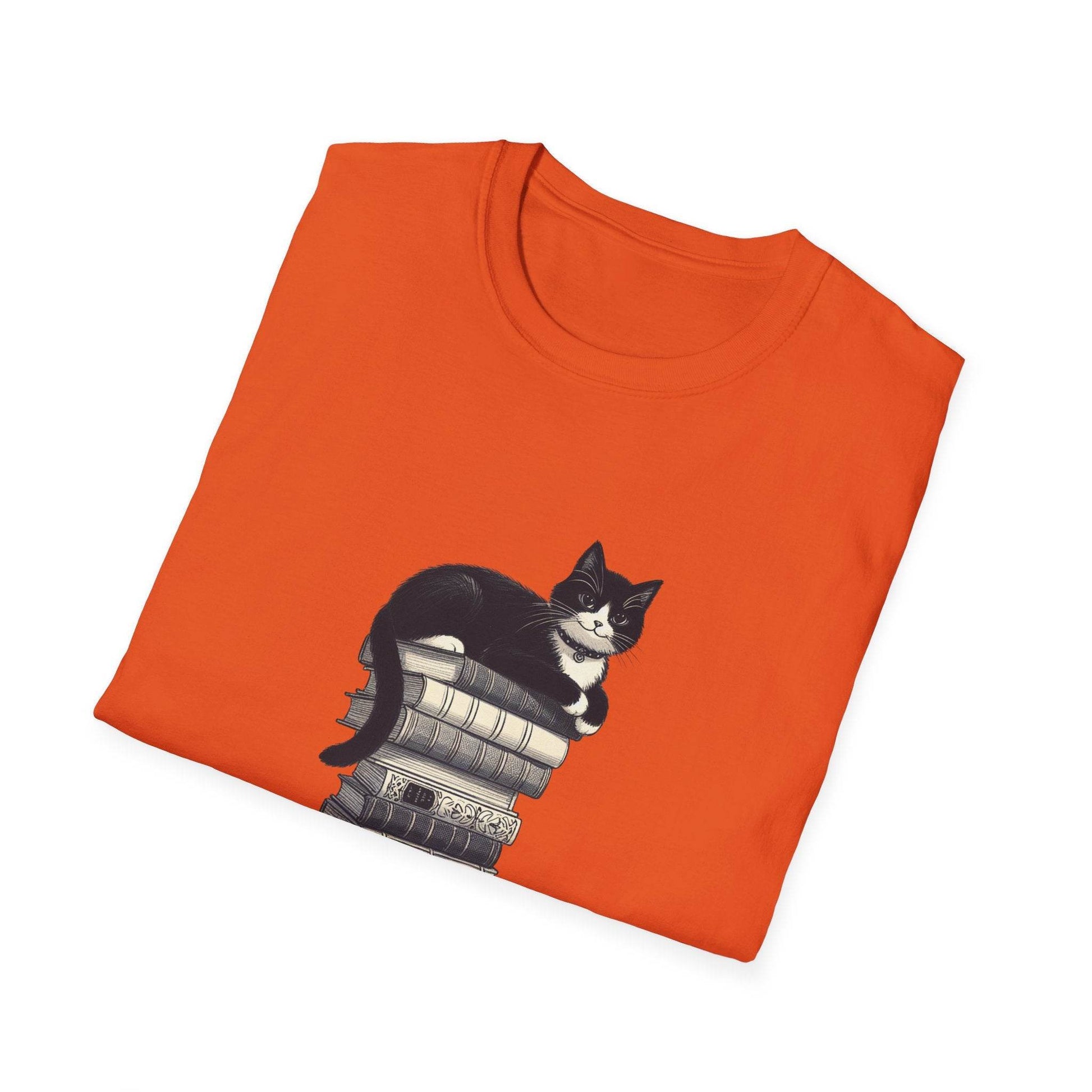Unisex Softstyle T-Shirt - Vintage Cat Book Stack Bookworm - The Dreamer's Bookshop.