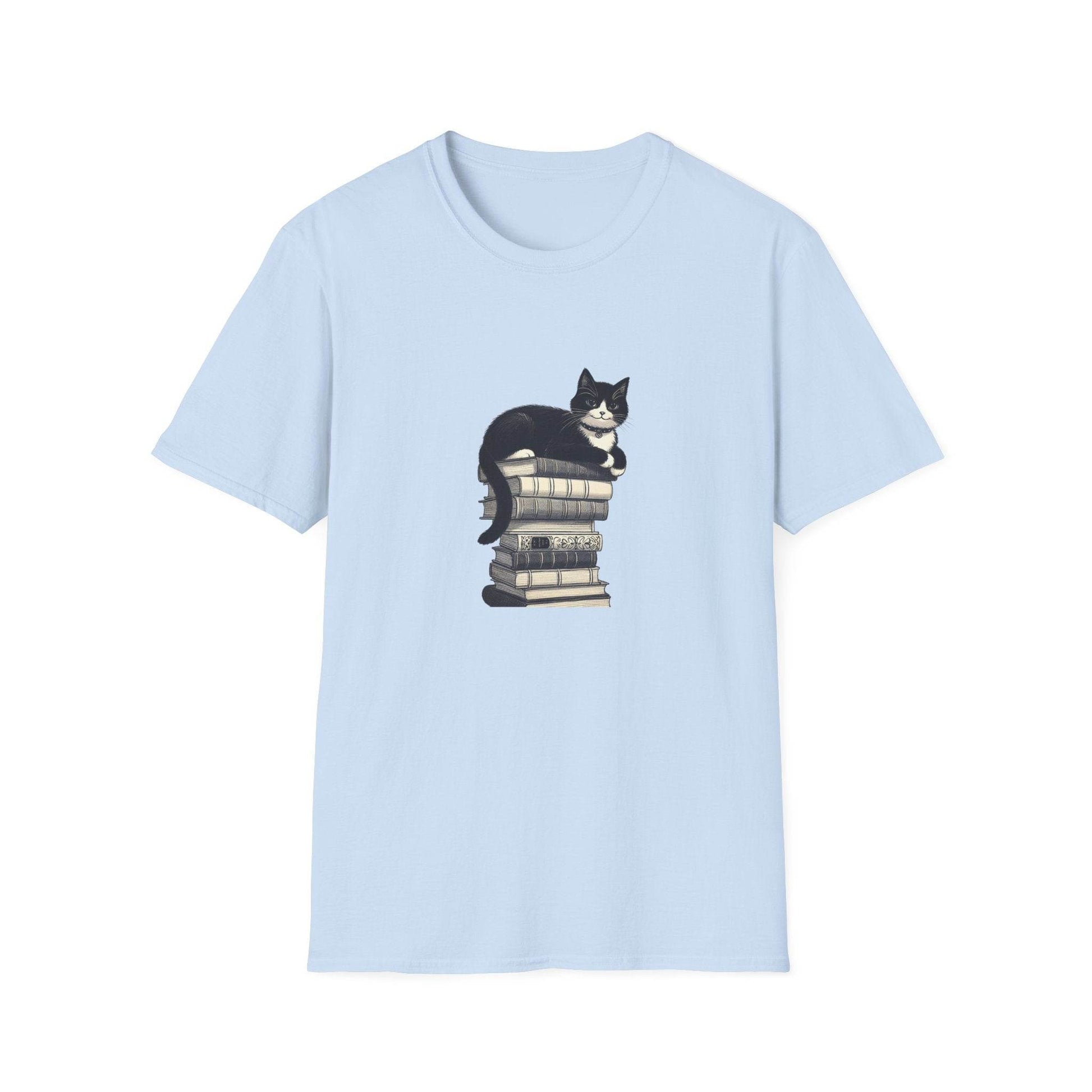 Unisex Softstyle T-Shirt - Vintage Cat Book Stack Booklover - The Dreamer's Bookshop.