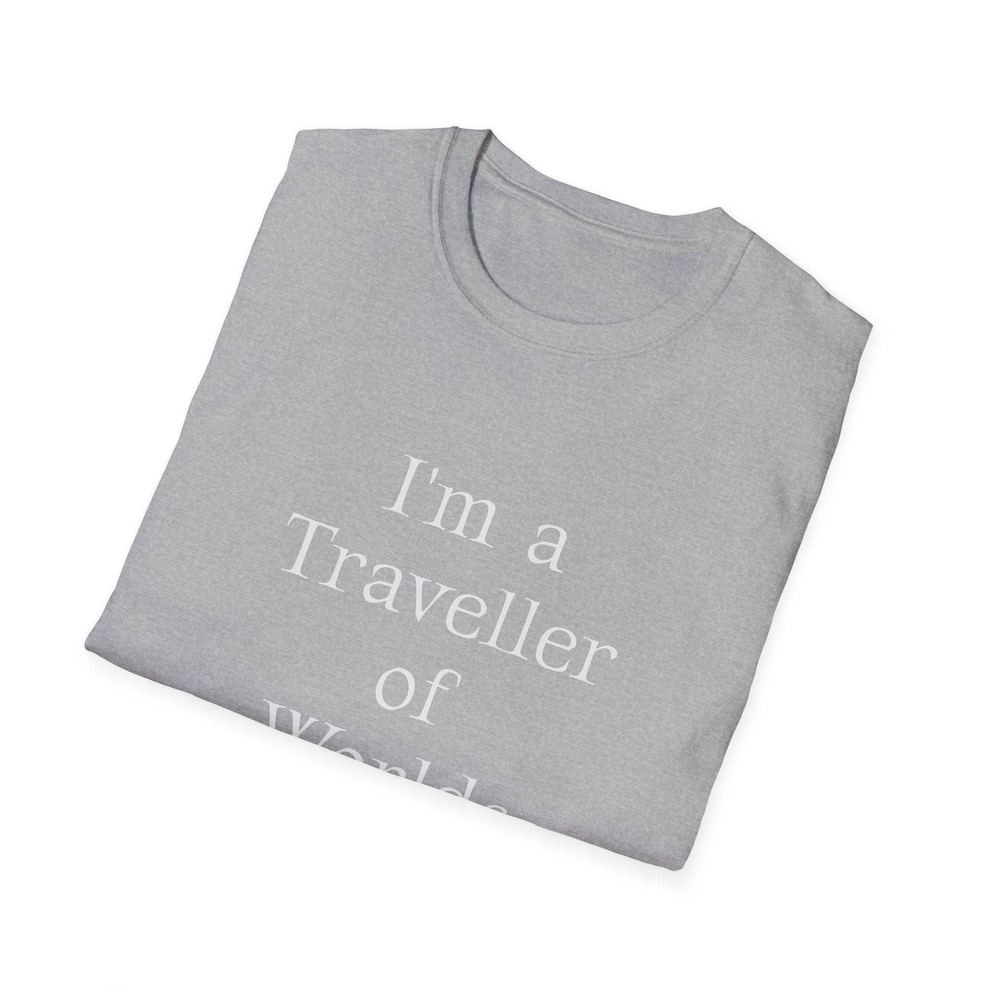 Unisex Softstyle T-Shirt - Traveller of Worlds Design for Book Lovers - The Dreamer's Bookshop.