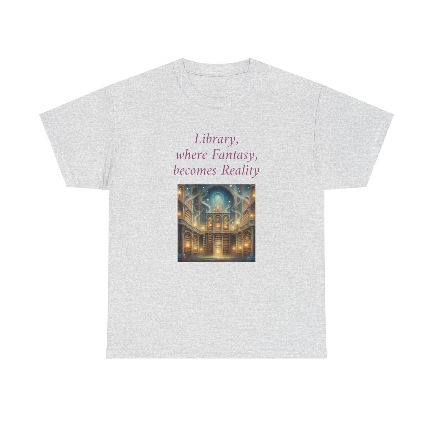 Library, Fantasy, Reality - Graphic Tee - Unisex Heavy Cotton T-Shirt - Book Lovers - The Dreamer's Bookshop.
