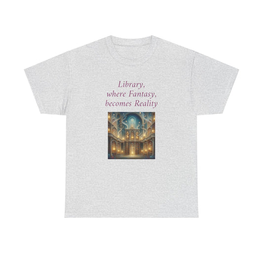 Library, Fantasy, Reality - Graphic Tee - Unisex Heavy Cotton T-Shirt - Book Lovers - The Dreamer's Bookshop.