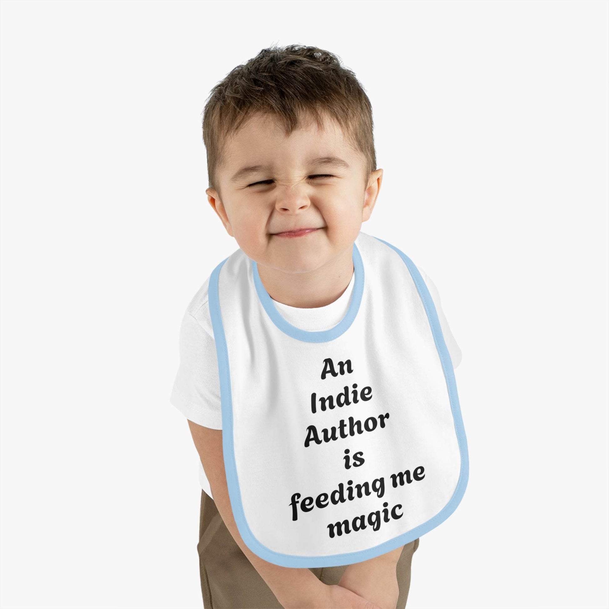 US - Indie Author Baby Bib - Feeding Me Magic Contrast Trim Jersey Bib - The Dreamer's Bookshop.