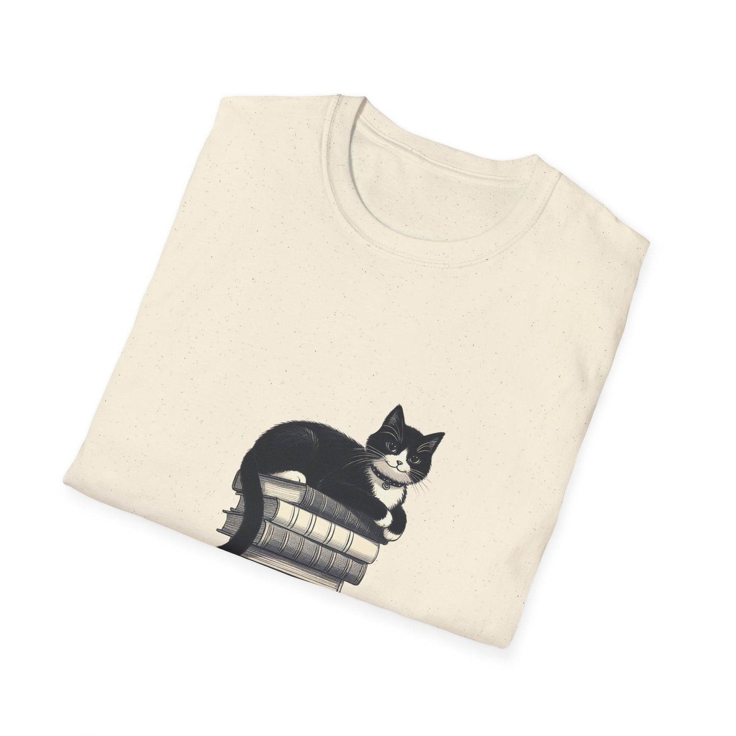 Unisex Softstyle T-Shirt - Vintage Cat Book Stack Bookaddict - The Dreamer's Bookshop.