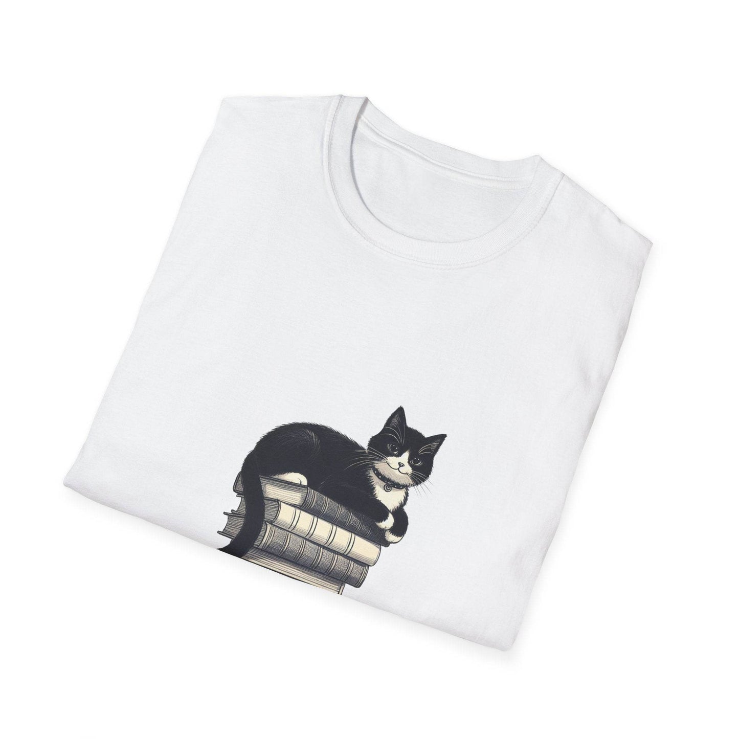 Unisex Softstyle T-Shirt - Vintage Cat Book Stack Bookaddict - The Dreamer's Bookshop.