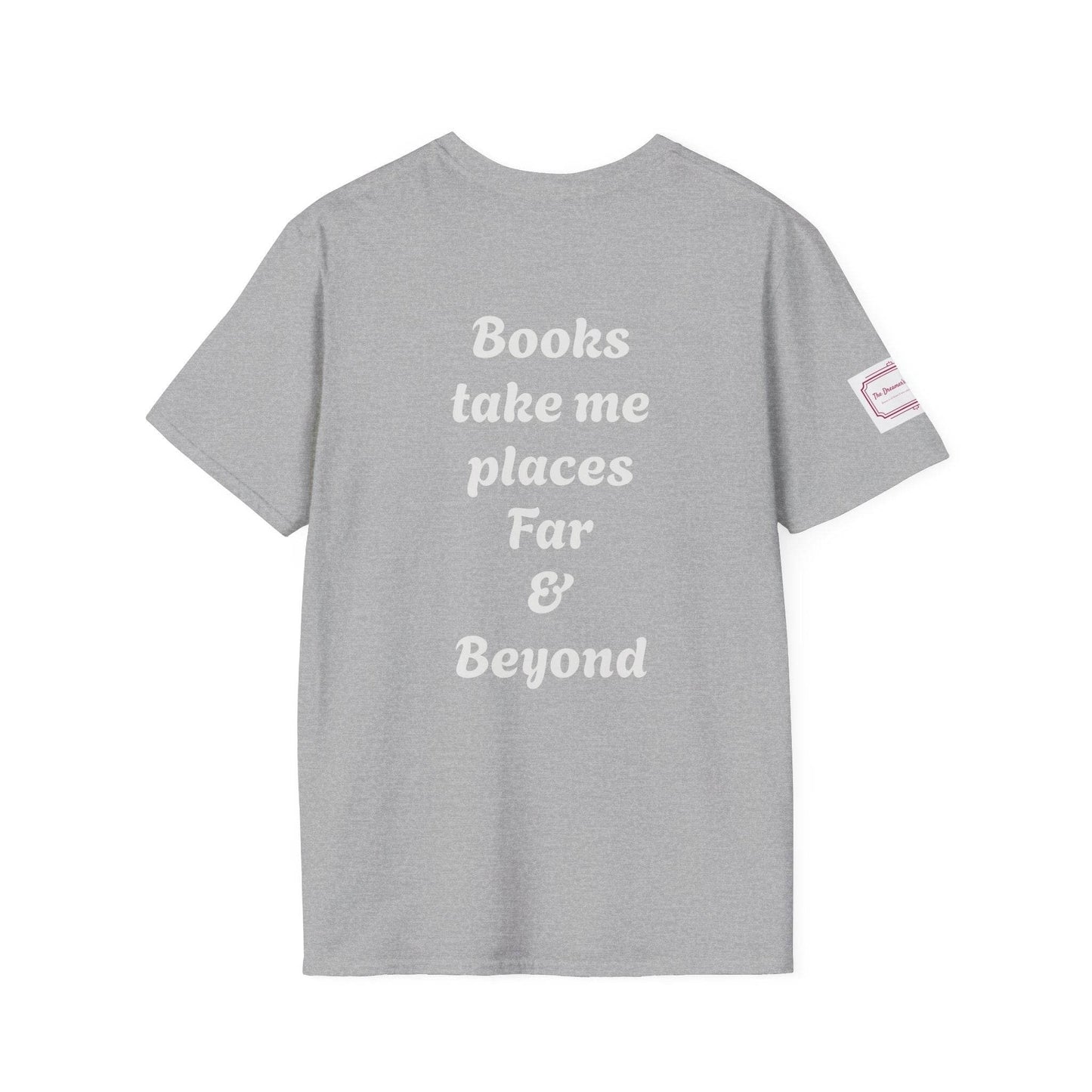 Unisex Softstyle T-Shirt - Traveller of Worlds Design for Book Lovers - The Dreamer's Bookshop.