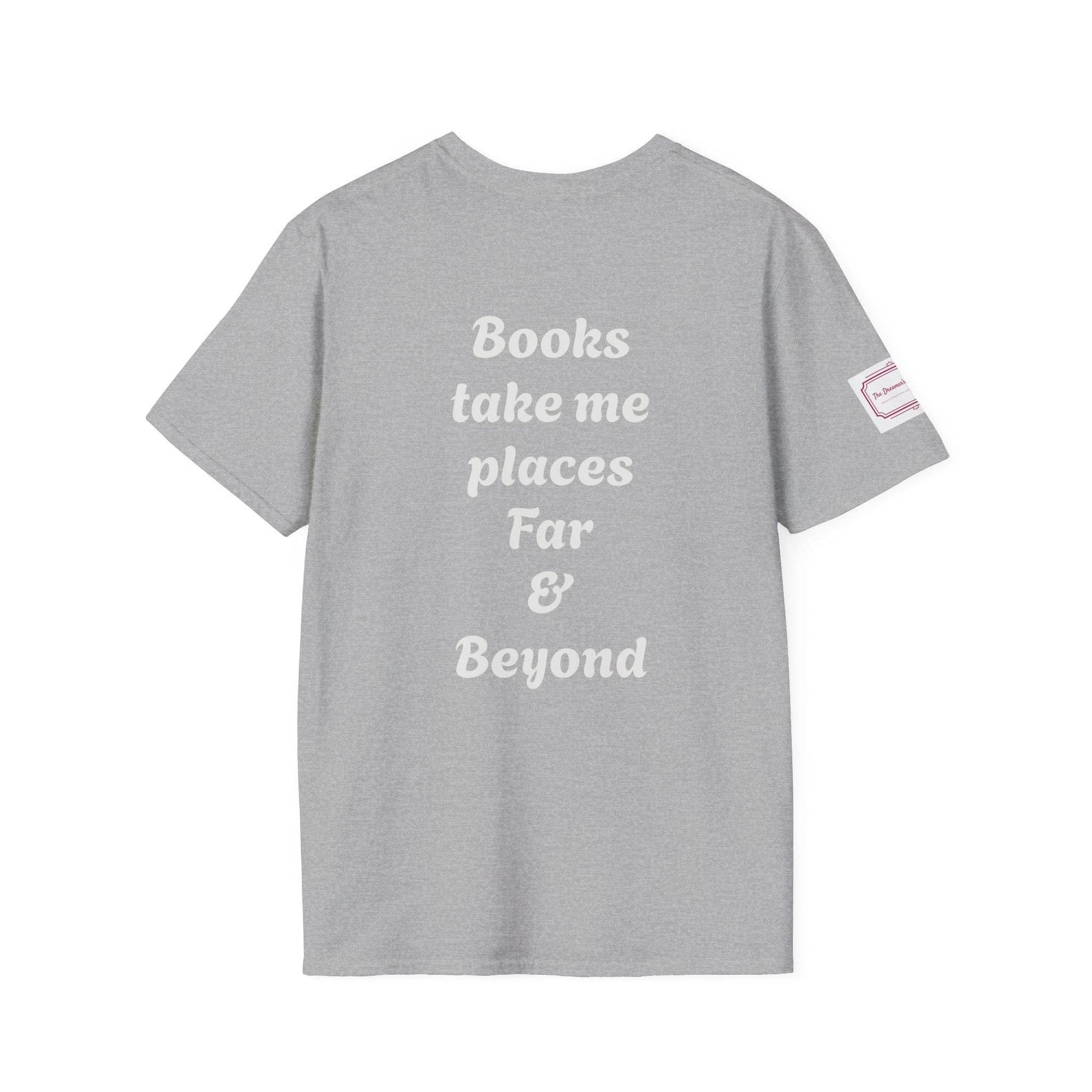 Unisex Softstyle T-Shirt - Traveller of Worlds Design for Book Lovers - The Dreamer's Bookshop.