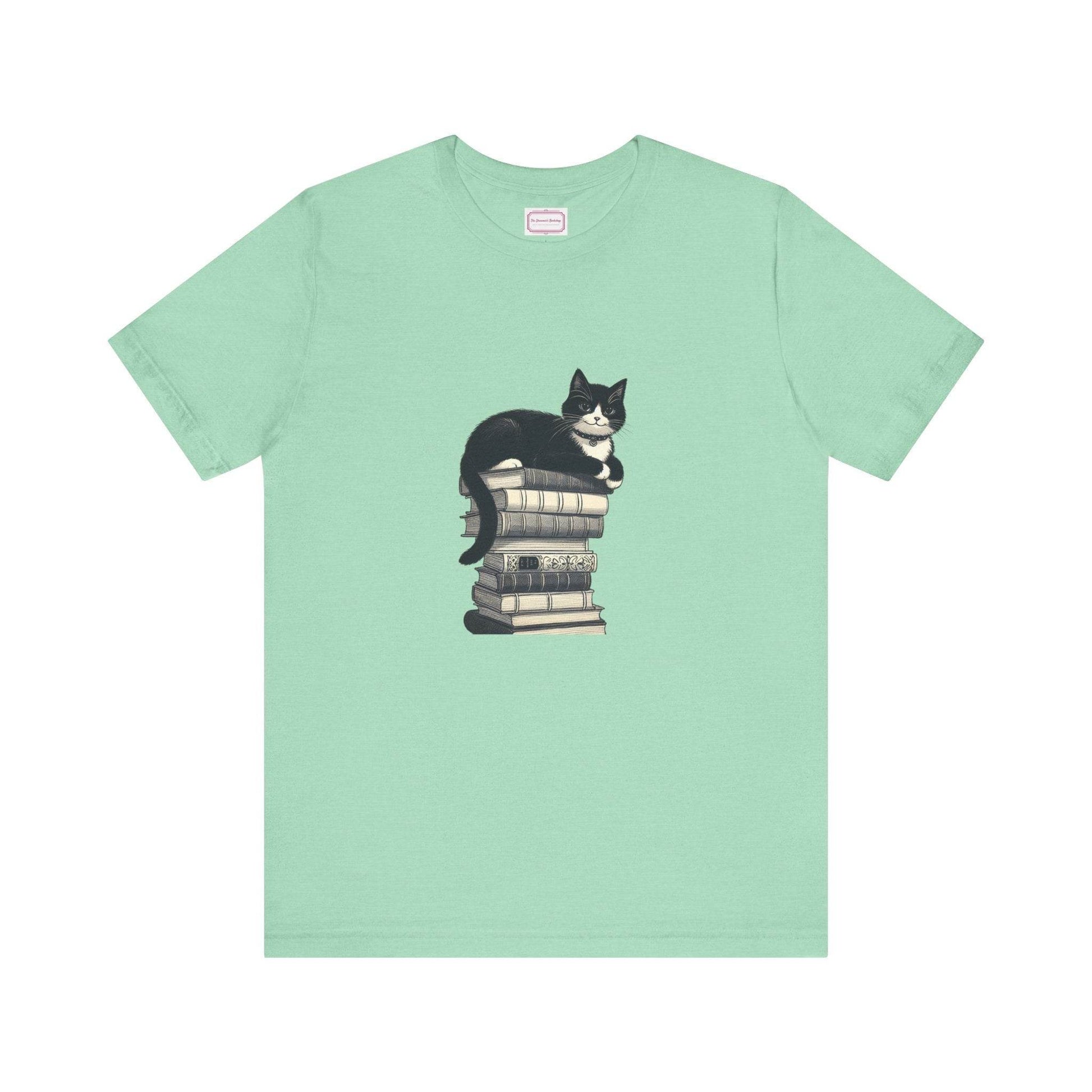 Unisex T-shirt - Vintage Cat Book Stack Booknerds - The Dreamer's Bookshop.