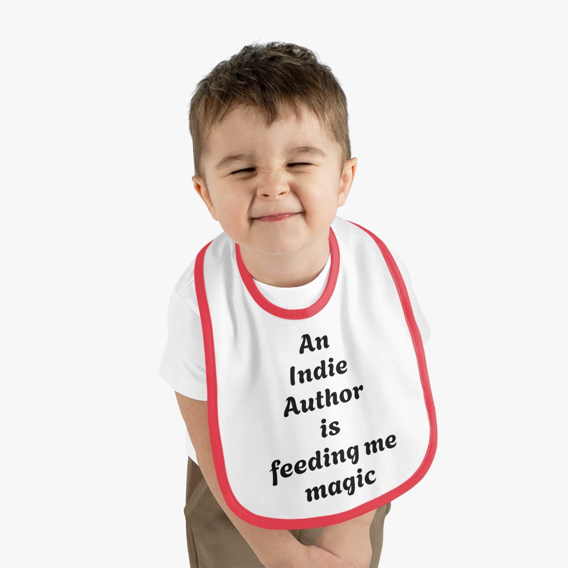 US - Indie Author Baby Bib - Feeding Me Magic Contrast Trim Jersey Bib - The Dreamer's Bookshop.