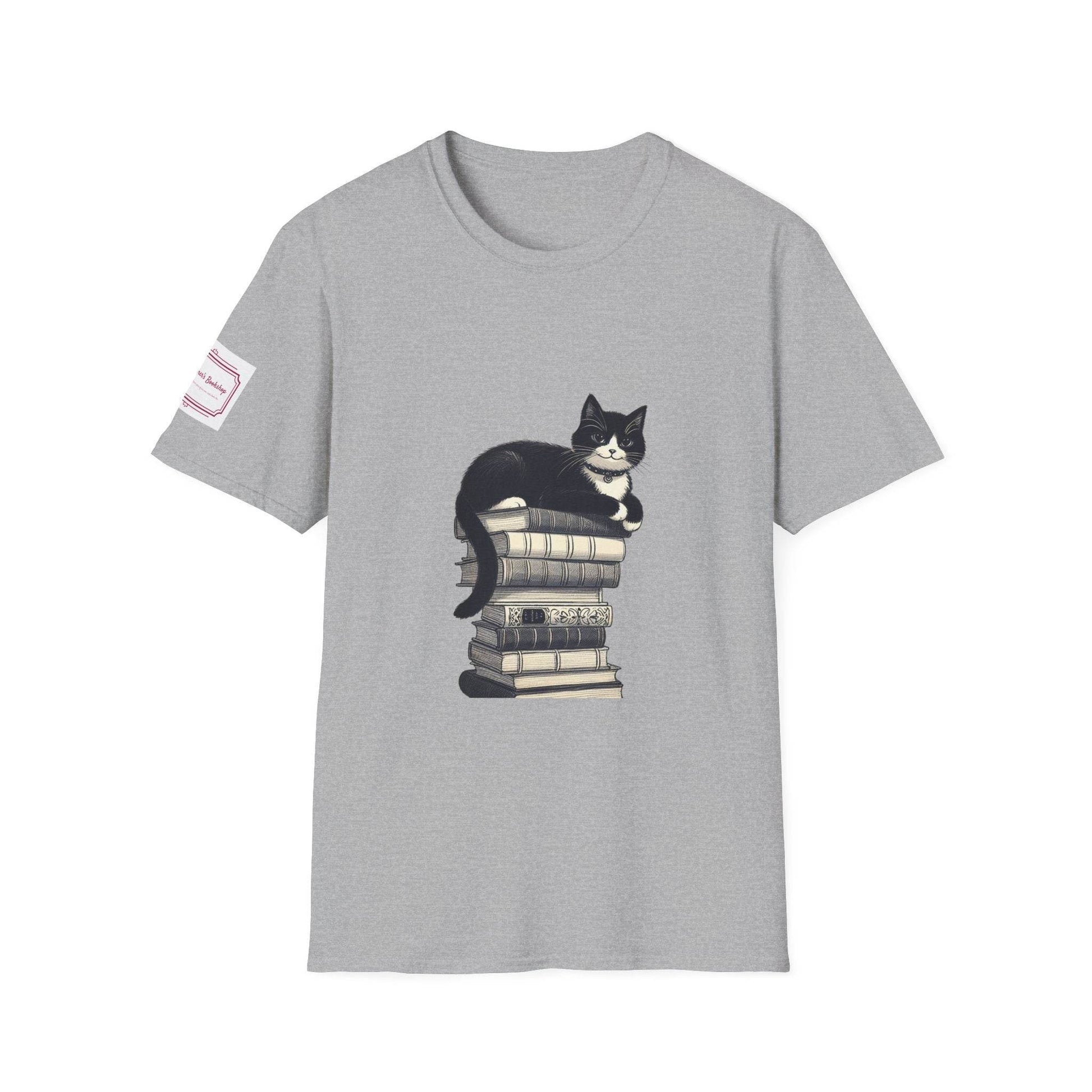 Unisex T-Shirt - Vintage Cat Book Stack for Book Lovers - The Dreamer's Bookshop.