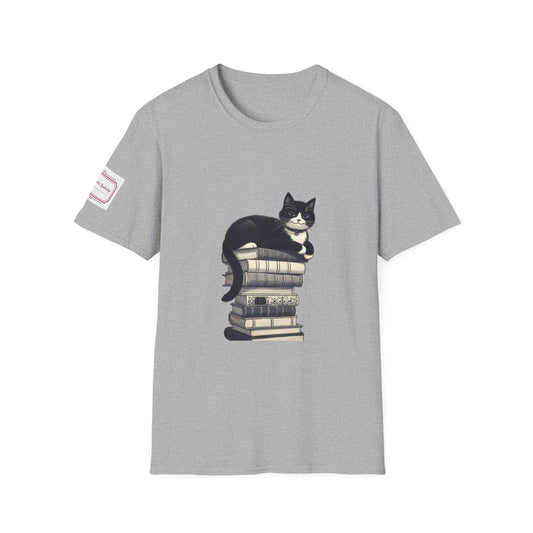 Unisex T-Shirt - Vintage Cat Book Stack for Book Lovers - The Dreamer's Bookshop.