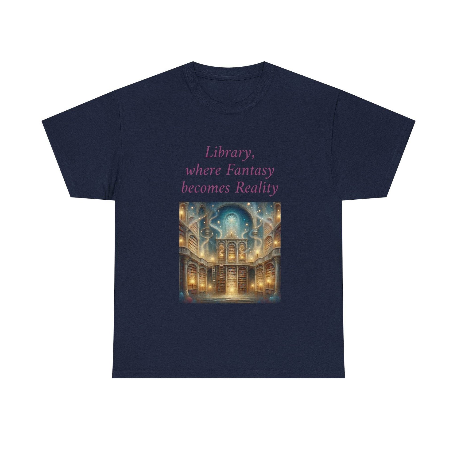 Library, Fantasy, Reality - Unisex Heavy Cotton Tee - Book Lovers - The Dreamer's Bookshop.