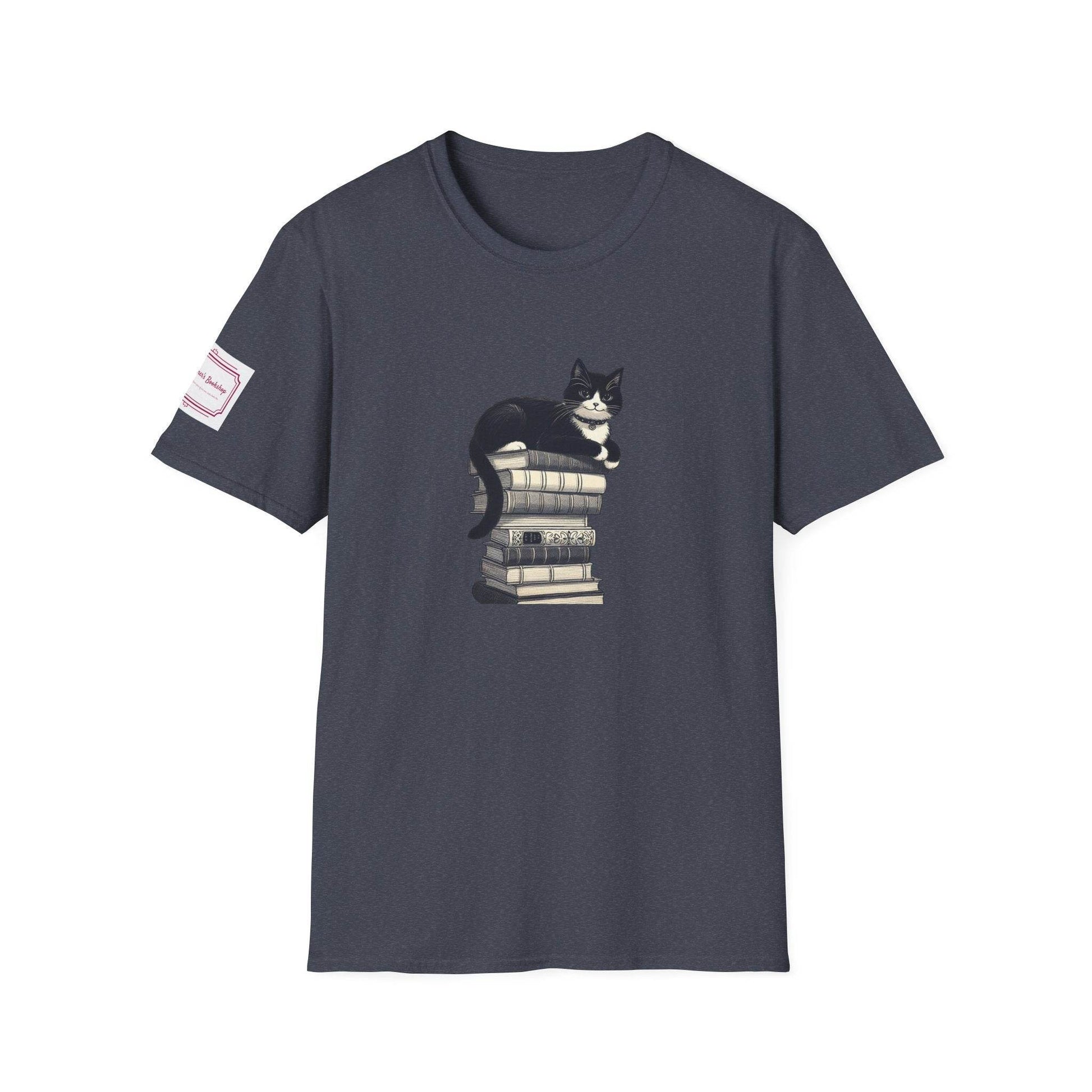 Unisex Softstyle T-Shirt - Vintage Cat Book Stack Bookworm - The Dreamer's Bookshop.