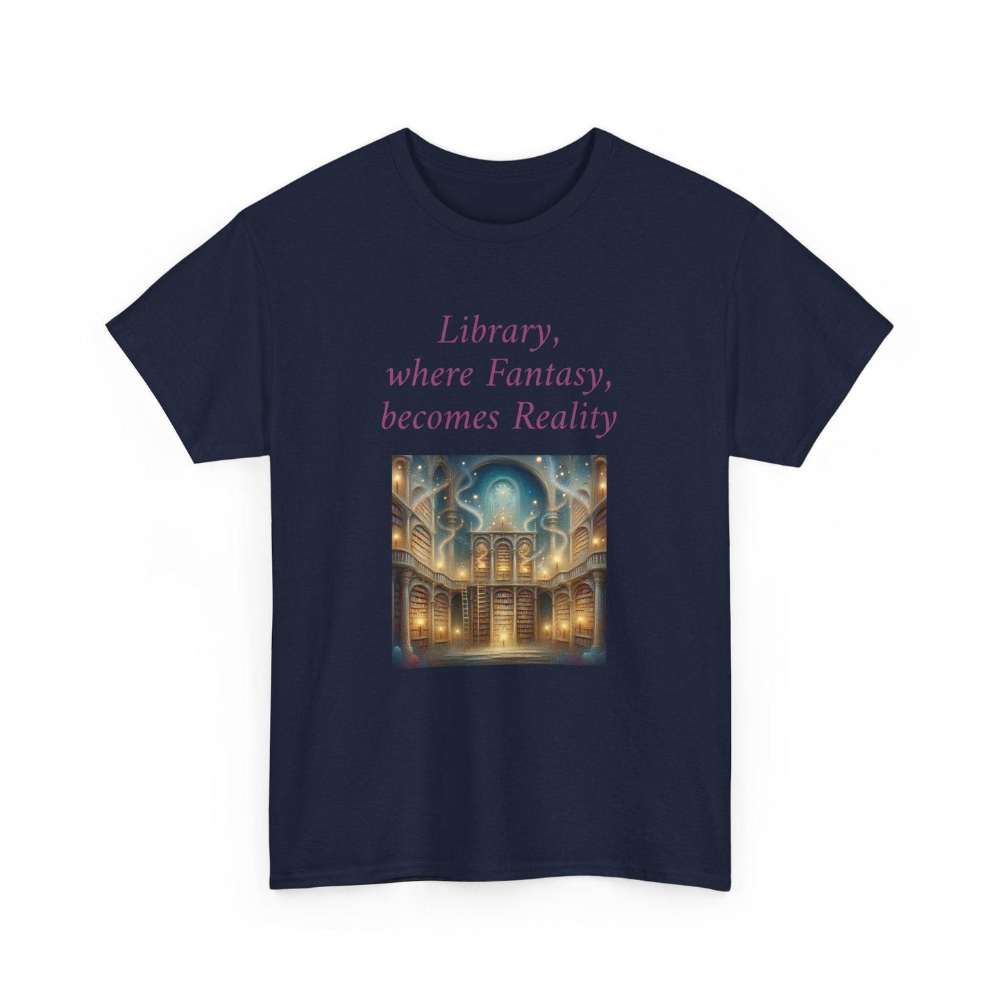 Library, Fantasy, Reality - Graphic Tee - Unisex Heavy Cotton T-Shirt - Book Lovers - The Dreamer's Bookshop.