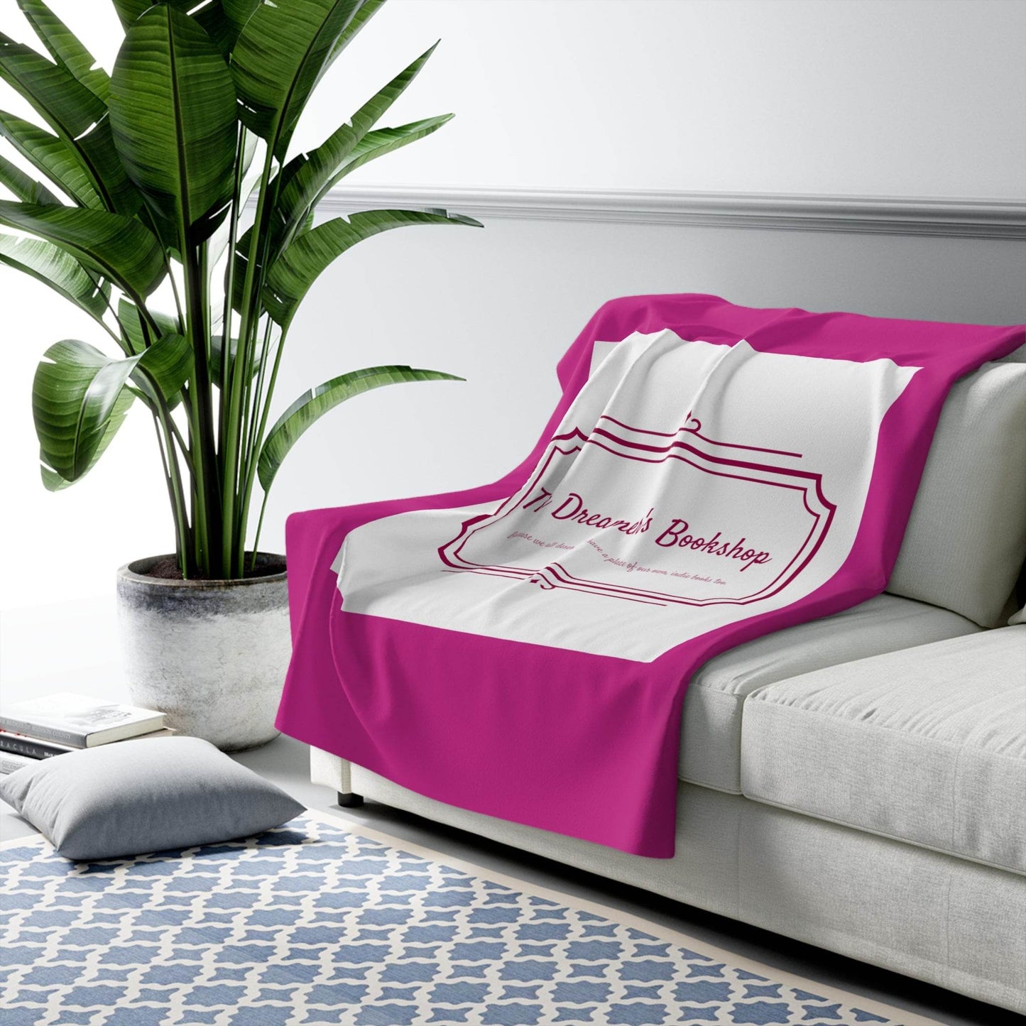 Pink Cozy Sherpa Fleece Blanket - 'The Dreamer's Bookshop' Design - The Dreamer's Bookshop.