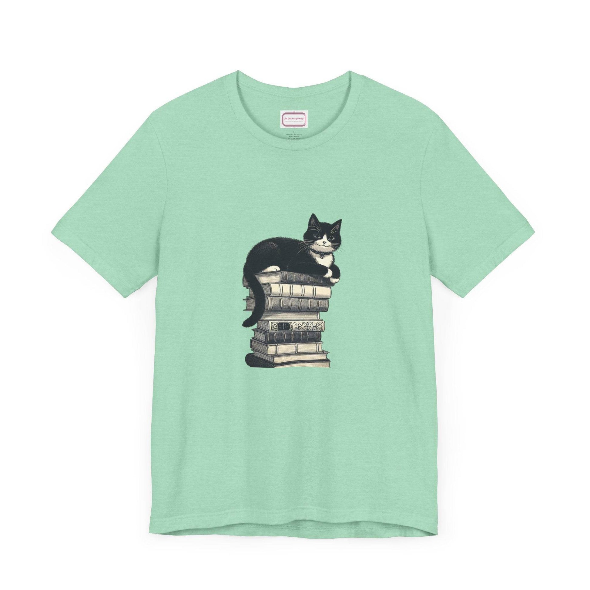 Unisex T-shirt - Vintage Cat Book Stack Booknerds - The Dreamer's Bookshop.