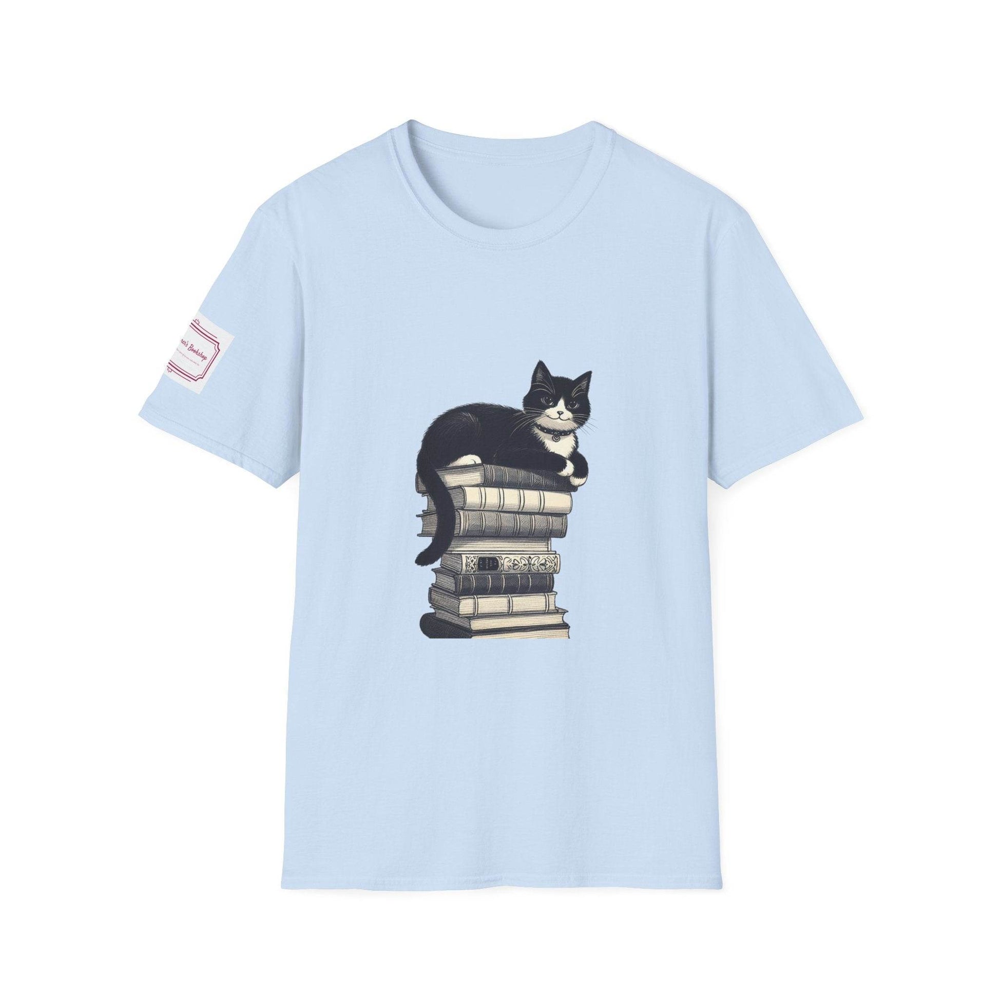 Unisex T-Shirt - Vintage Cat Book Stack for Book Lovers - The Dreamer's Bookshop.