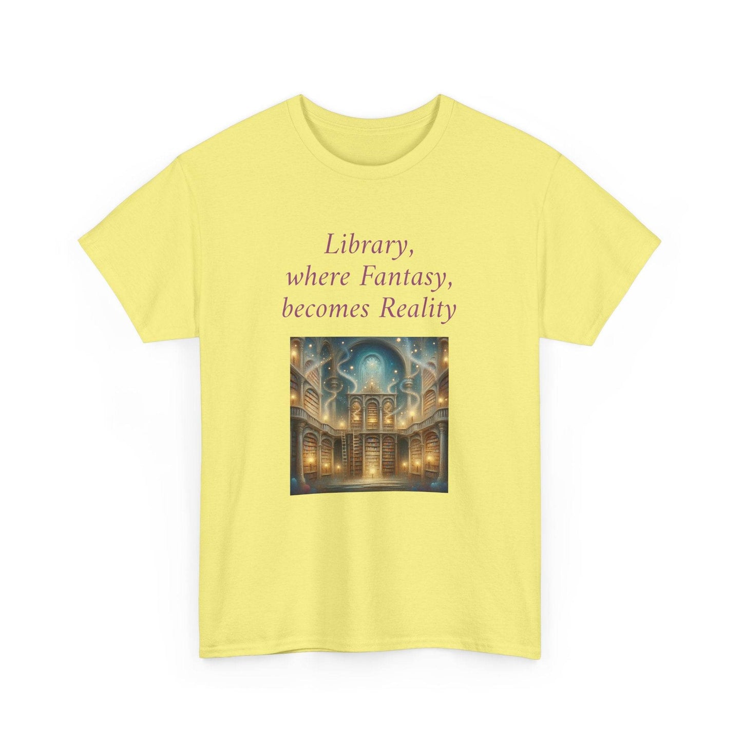Library, Fantasy, Reality - Graphic Tee - Unisex Heavy Cotton T-Shirt - Book Lovers - The Dreamer's Bookshop.